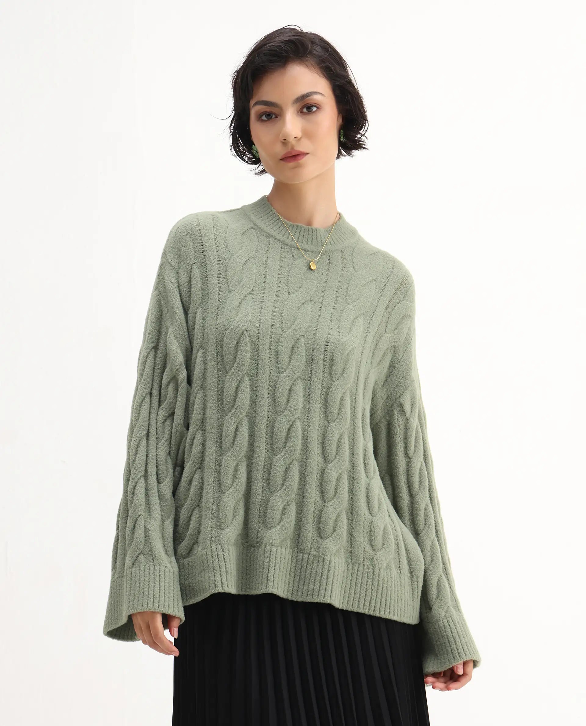 Rareism Women's Ziv Olive Nylon High Neck Oversize Fit Sweater