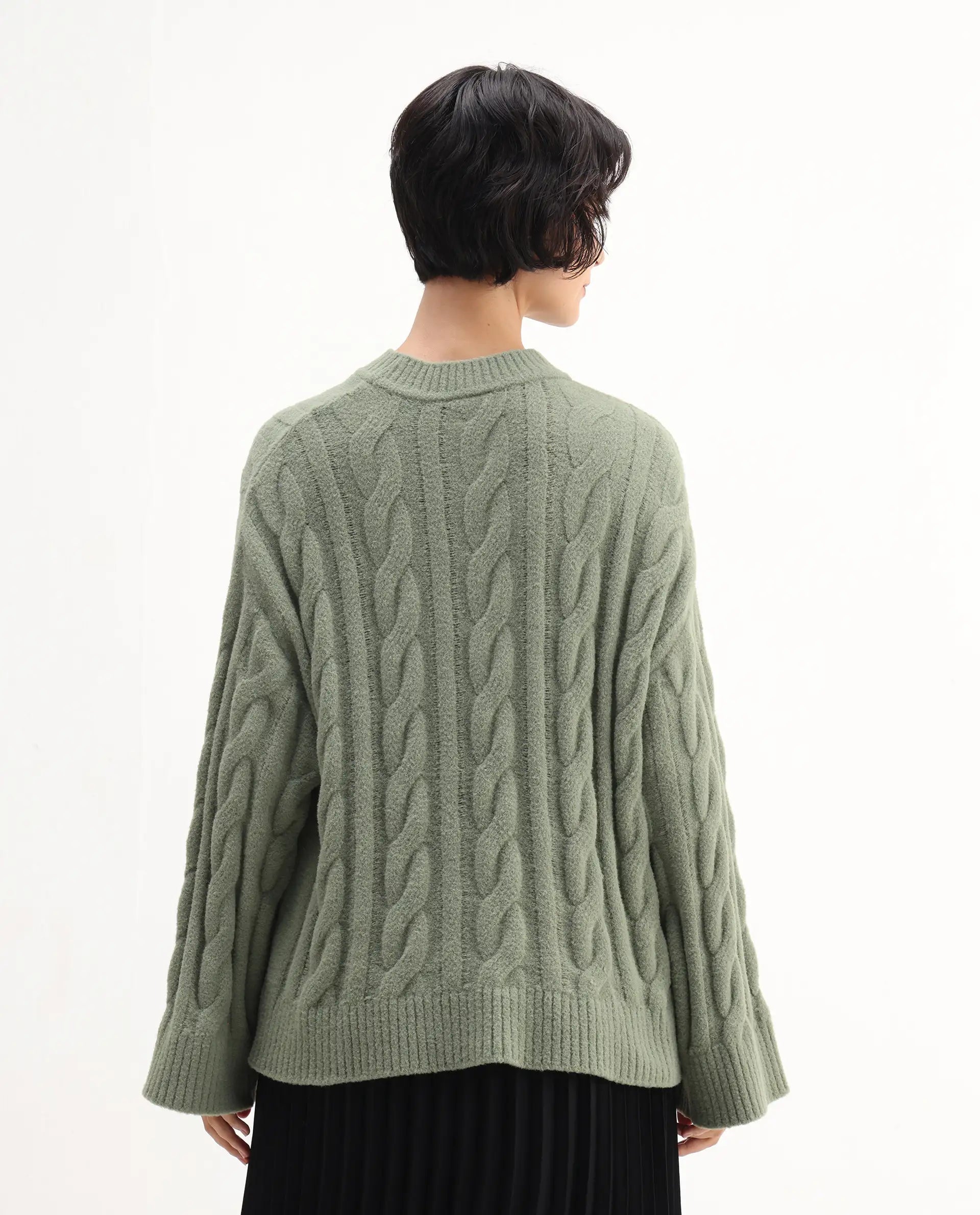 Rareism Women's Ziv Olive Nylon High Neck Oversize Fit Sweater