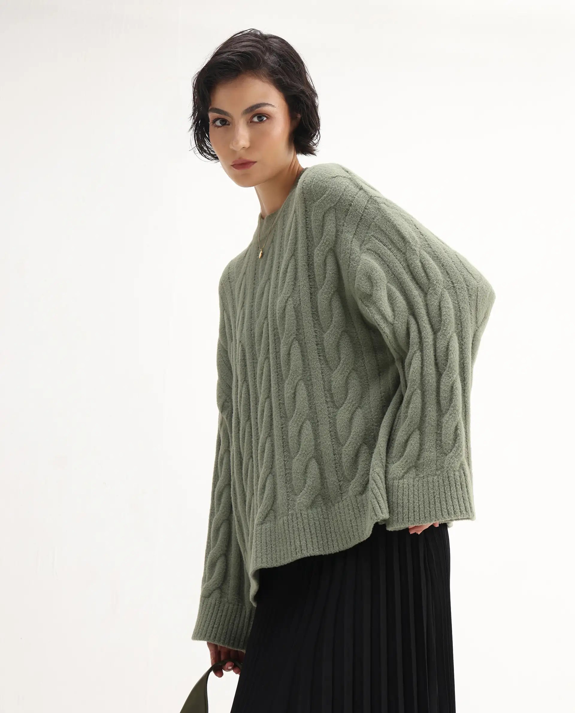 Rareism Women's Ziv Olive Nylon High Neck Oversize Fit Sweater