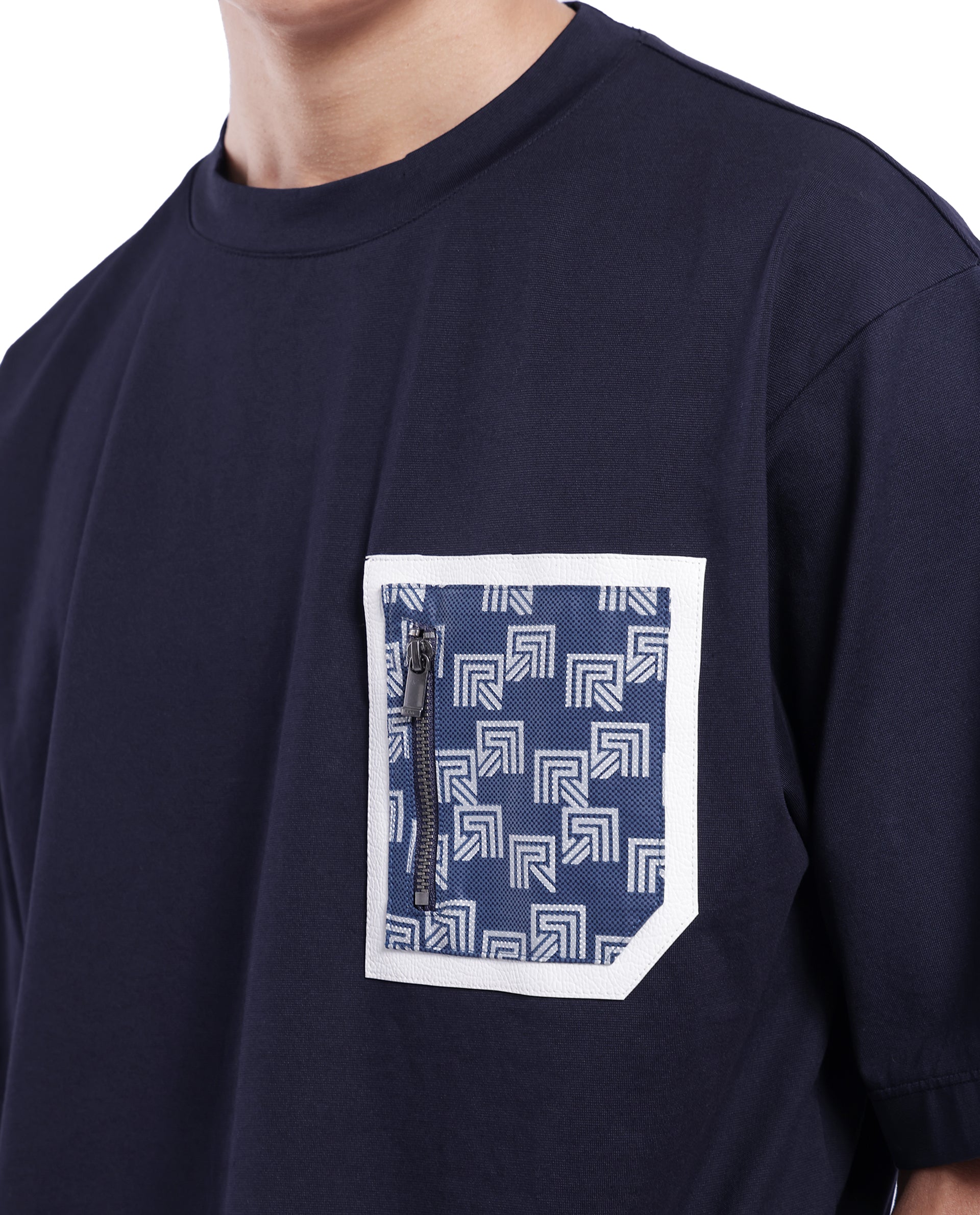 Rare Rabbit Men Zobo Navy Cotton Blend Fabric Short Sleeve Crew Neck Oversized Fit Monogram Print Pocket T-Shirt
