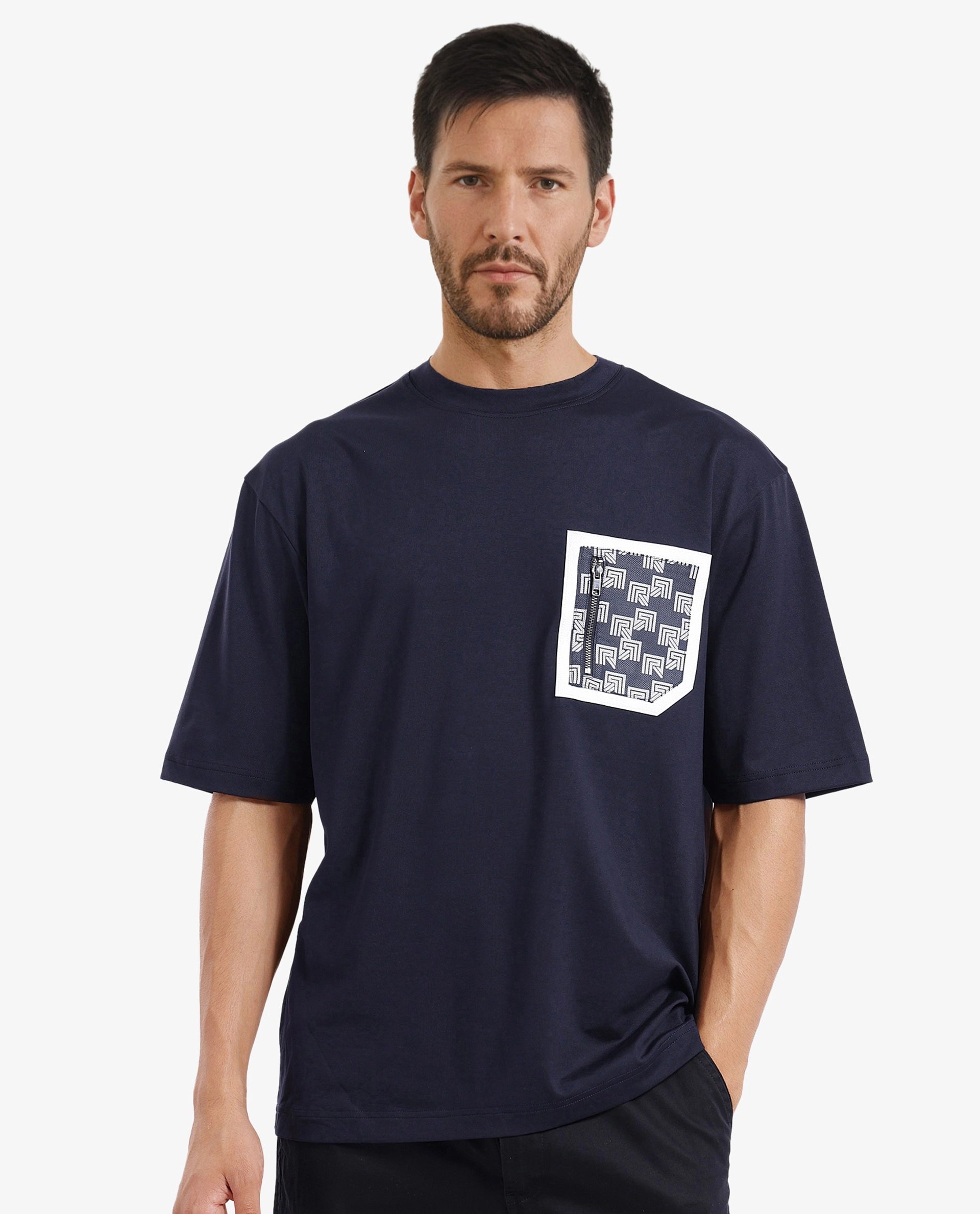 Rare Rabbit Men Zobo Navy Cotton Blend Fabric Short Sleeve Crew Neck Oversized Fit Monogram Print Pocket T-Shirt