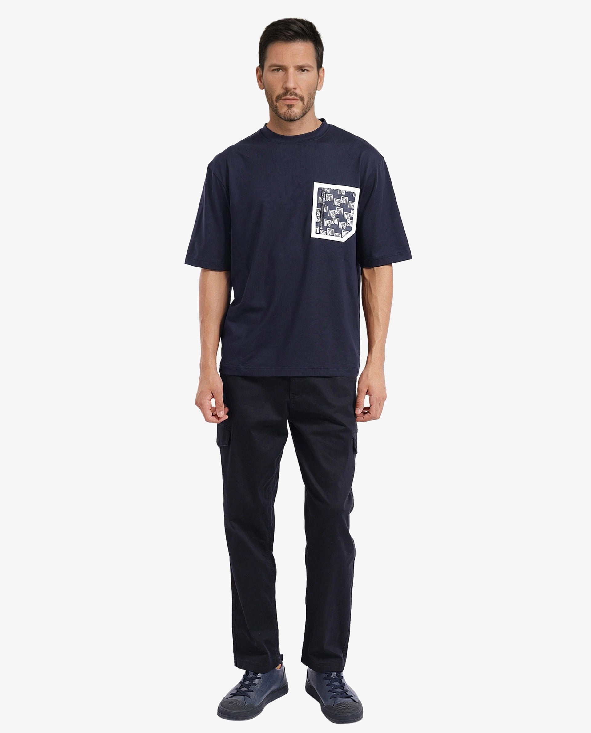 Rare Rabbit Men Zobo Navy Cotton Blend Fabric Short Sleeve Crew Neck Oversized Fit Monogram Print Pocket T-Shirt