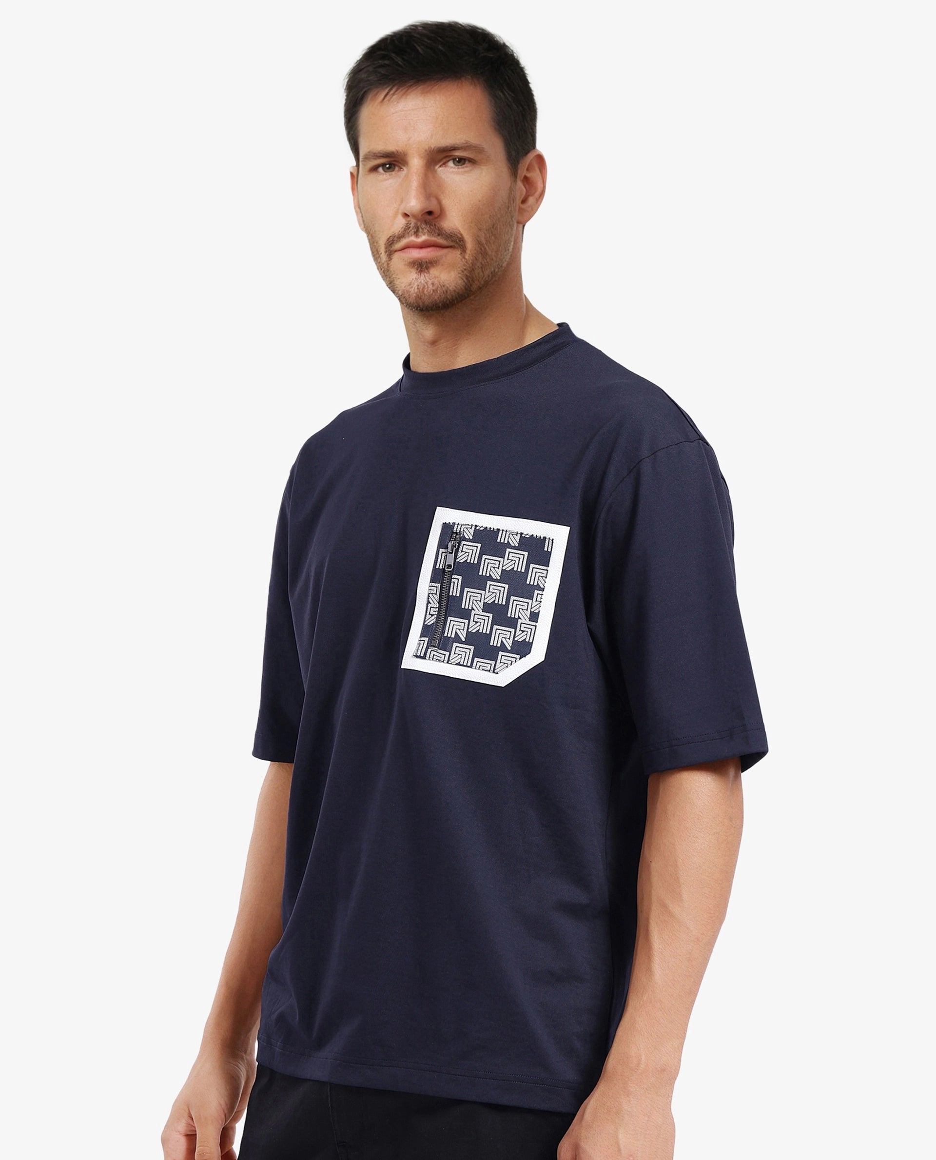 Rare Rabbit Men Zobo Navy Cotton Blend Fabric Short Sleeve Crew Neck Oversized Fit Monogram Print Pocket T-Shirt
