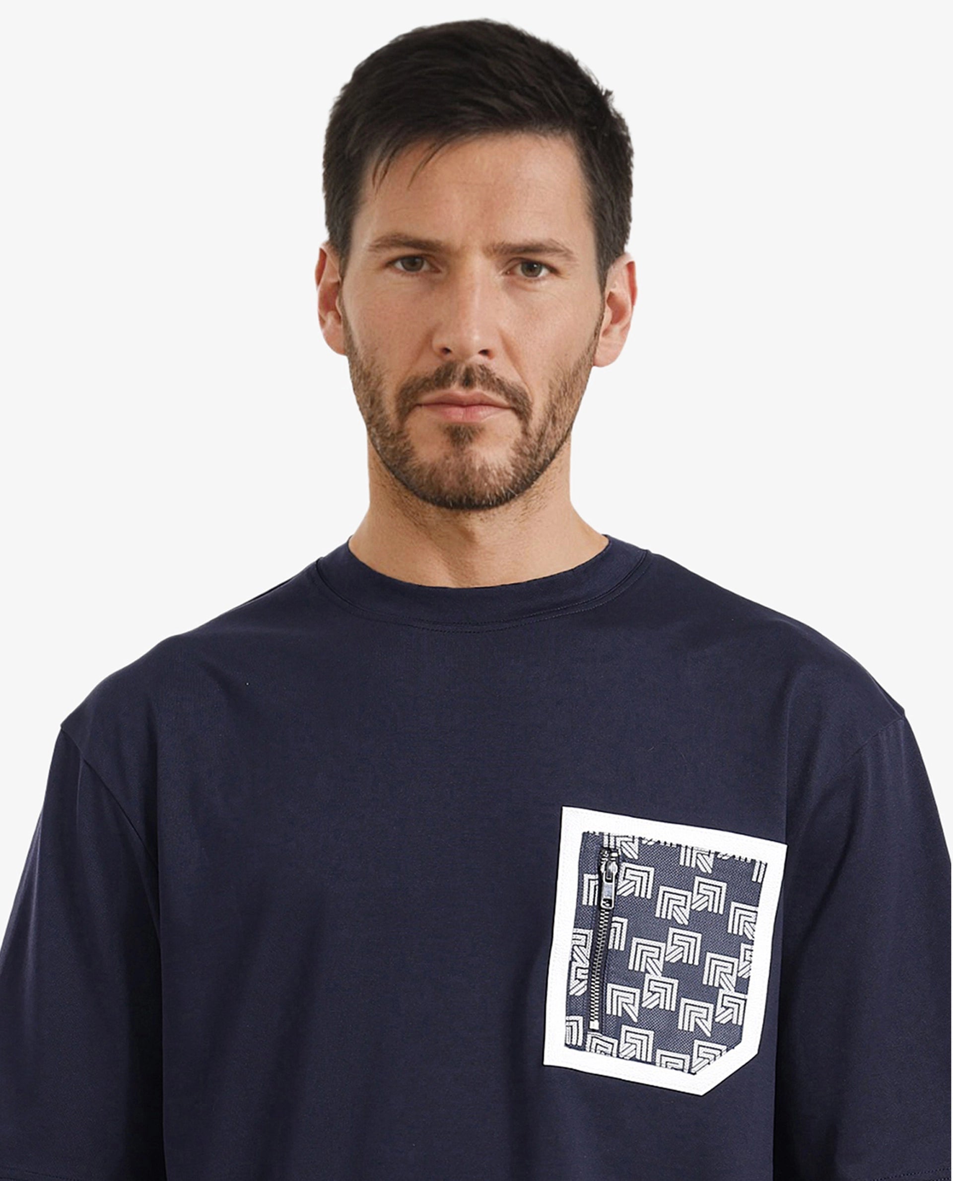 Rare Rabbit Men Zobo Navy Cotton Blend Fabric Short Sleeve Crew Neck Oversized Fit Monogram Print Pocket T-Shirt