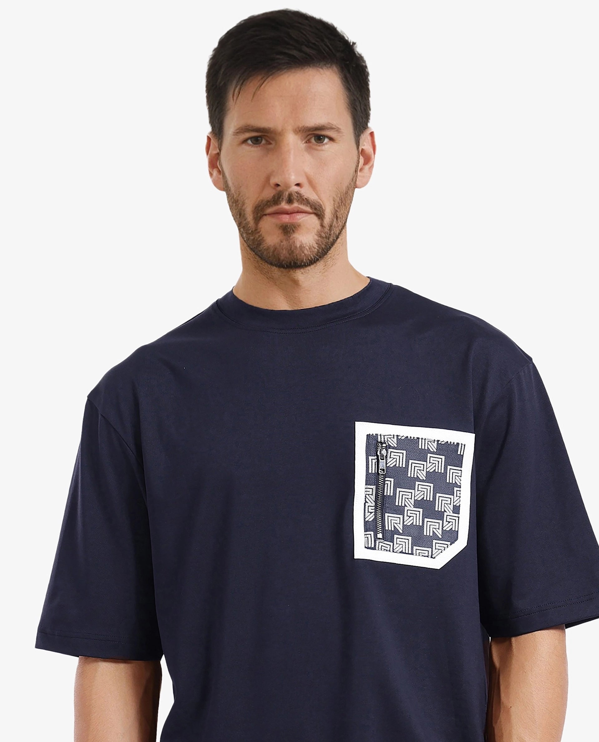 Rare Rabbit Men Zobo Navy Cotton Blend Fabric Short Sleeve Crew Neck Oversized Fit Monogram Print Pocket T-Shirt