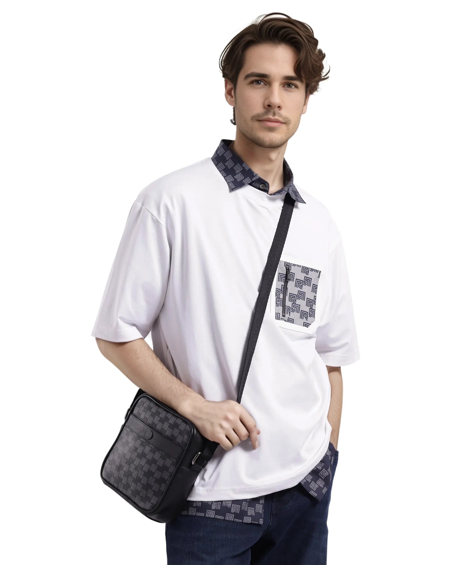 Rare Rabbit Men Zobo White Cotton Blend Fabric Short Sleeve Crew Neck Oversized Fit Monogram Print Pocket T-Shirt