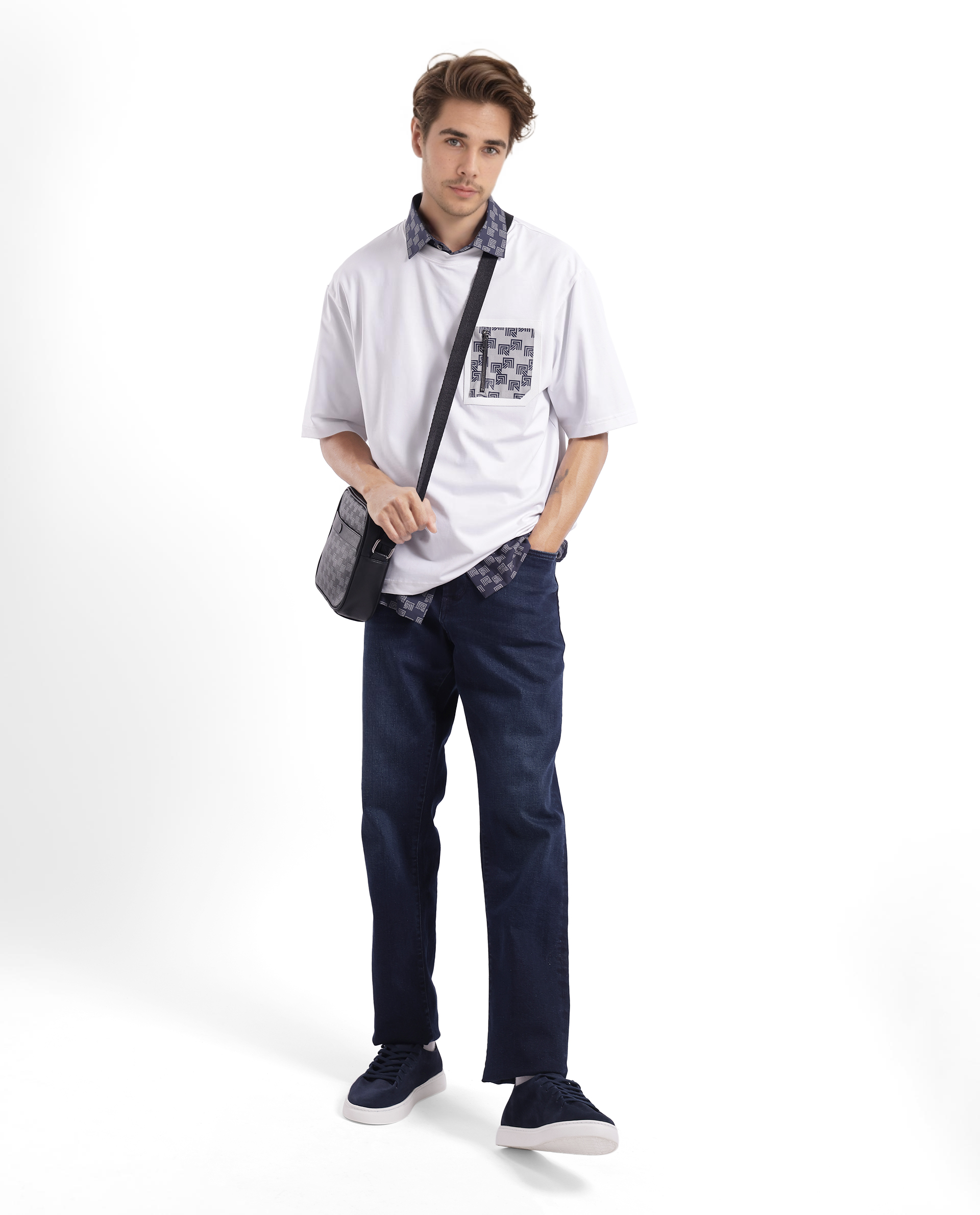 Rare Rabbit Men Zobo White Cotton Blend Fabric Short Sleeve Crew Neck Oversized Fit Monogram Print Pocket T-Shirt