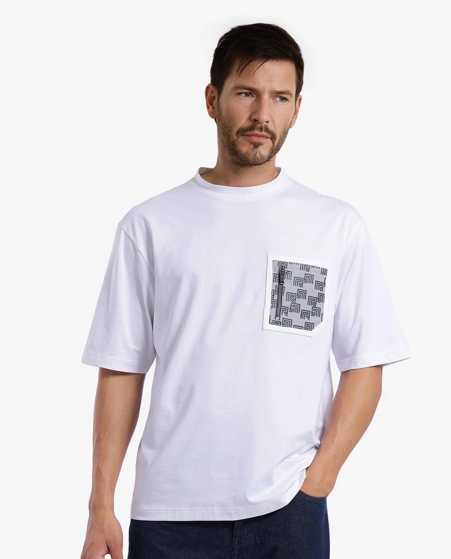 Rare Rabbit Men Zobo White Cotton Blend Fabric Short Sleeve Crew Neck Oversized Fit Monogram Print Pocket T-Shirt