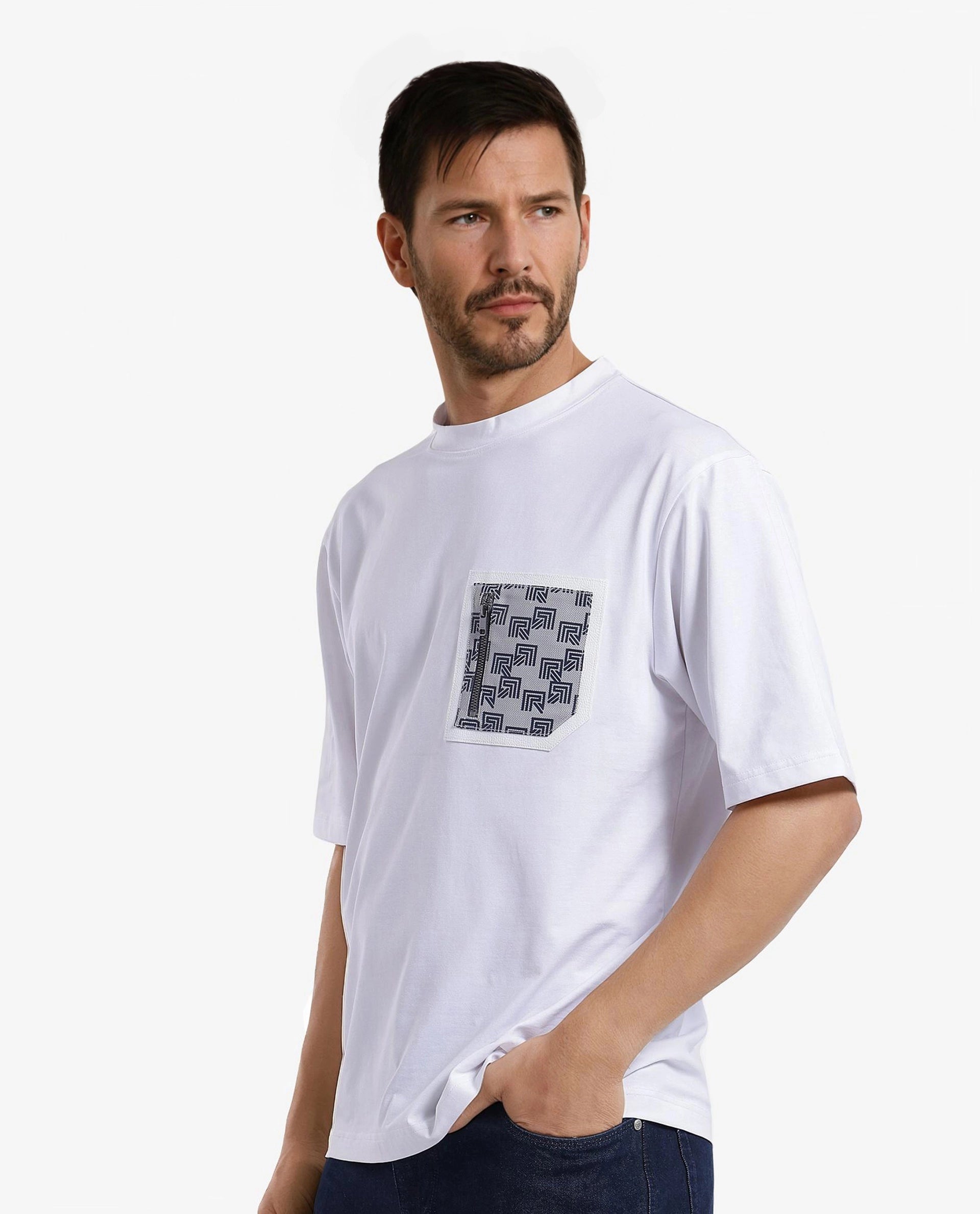 Rare Rabbit Men Zobo White Cotton Blend Fabric Short Sleeve Crew Neck Oversized Fit Monogram Print Pocket T-Shirt