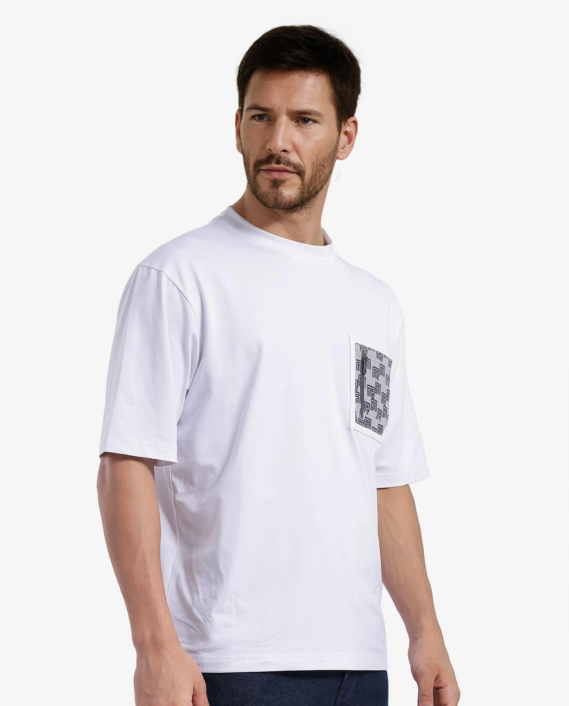 Rare Rabbit Men Zobo White Cotton Blend Fabric Short Sleeve Crew Neck Oversized Fit Monogram Print Pocket T-Shirt