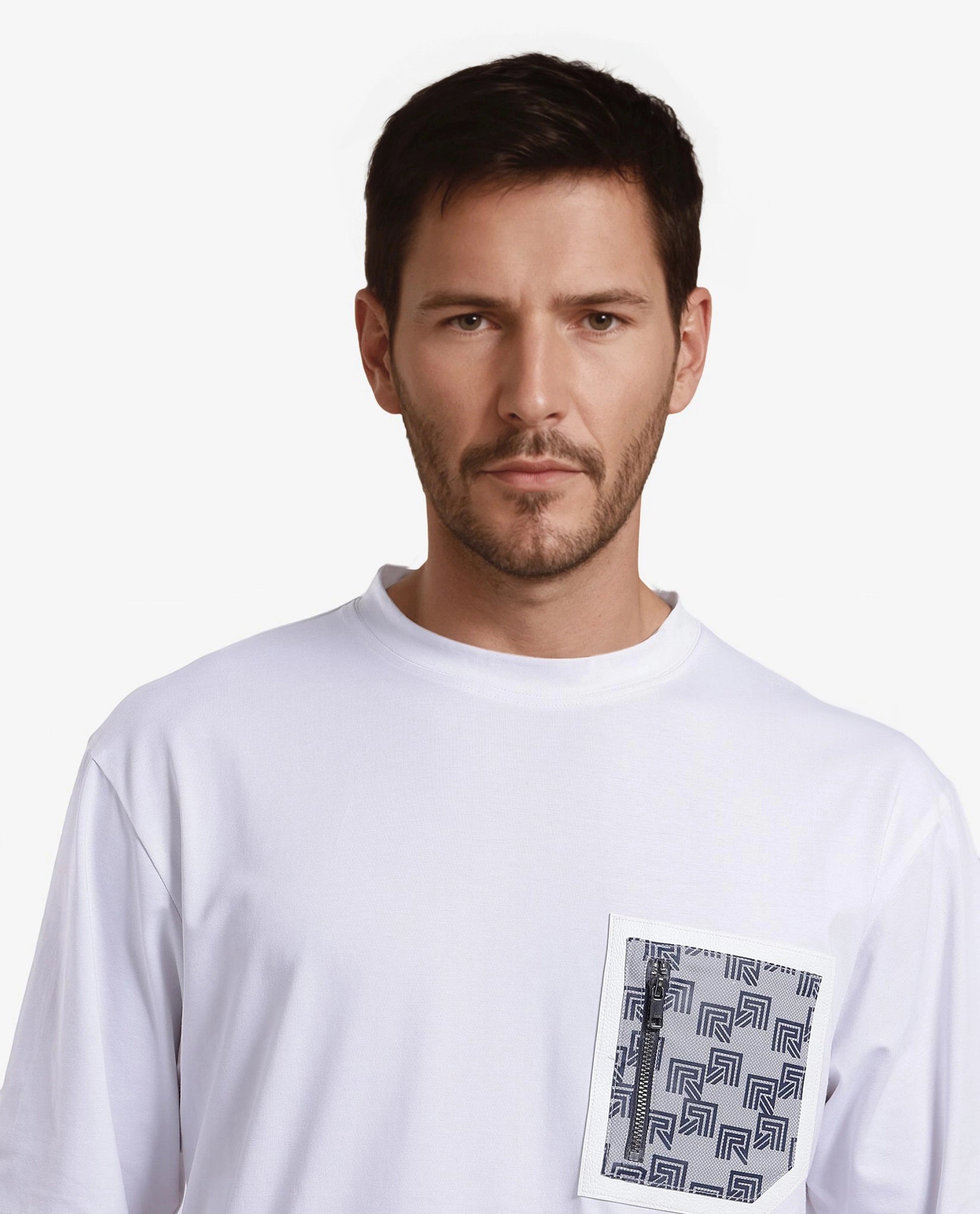 Rare Rabbit Men Zobo White Cotton Blend Fabric Short Sleeve Crew Neck Oversized Fit Monogram Print Pocket T-Shirt