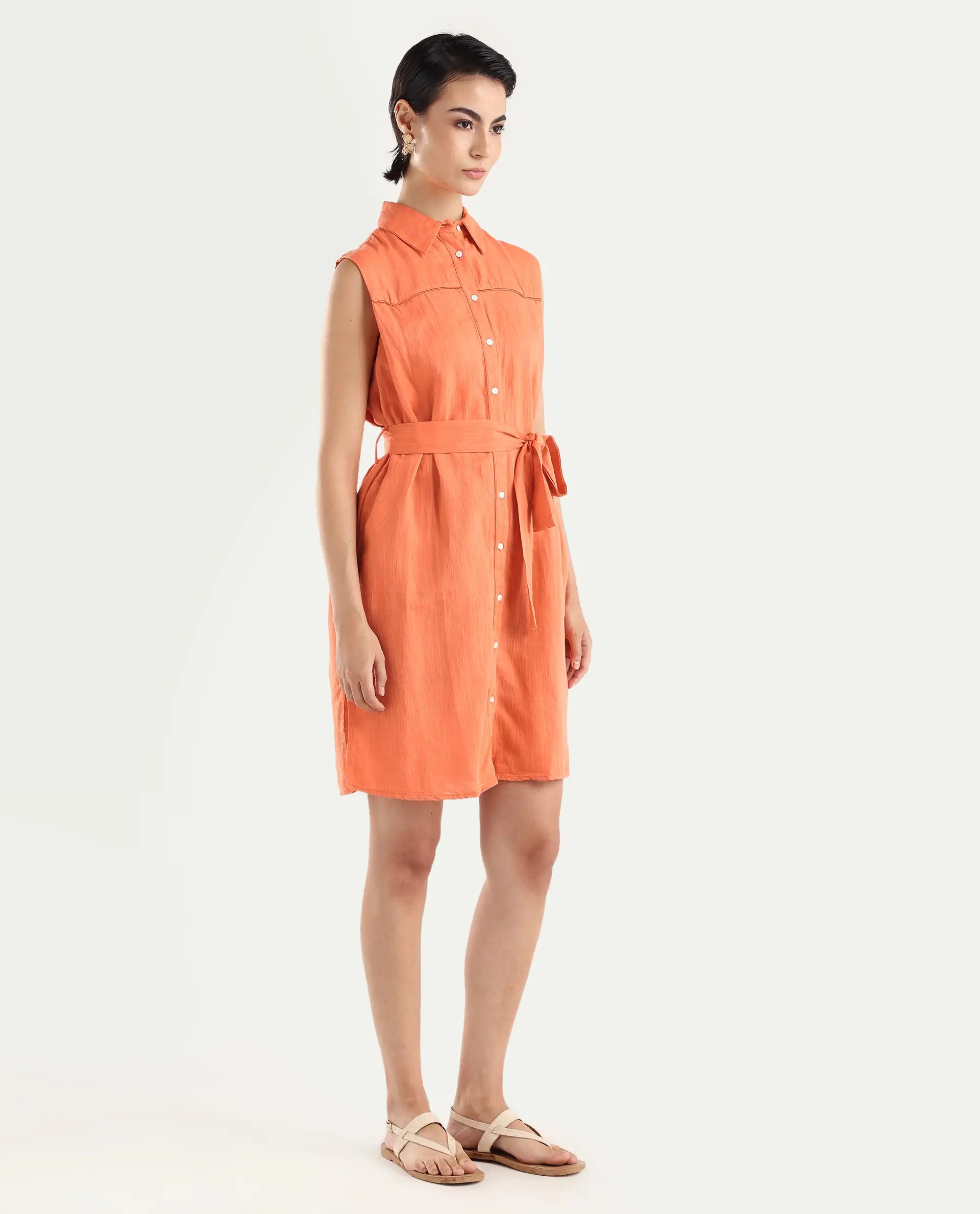 Rareism Women's Zolaa Orange Linen Spread Collar Plain Sleeveless Mini Regular Fit Dress