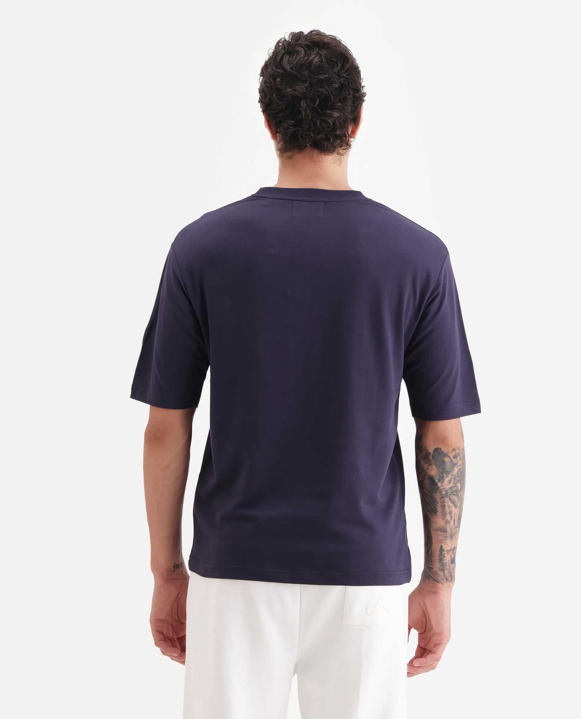 Rare Rabbit Men's Zolar Dark Purple Cotton Graphic Print Relaxed Fit Half Sleeve Crew Neck T-Shirt