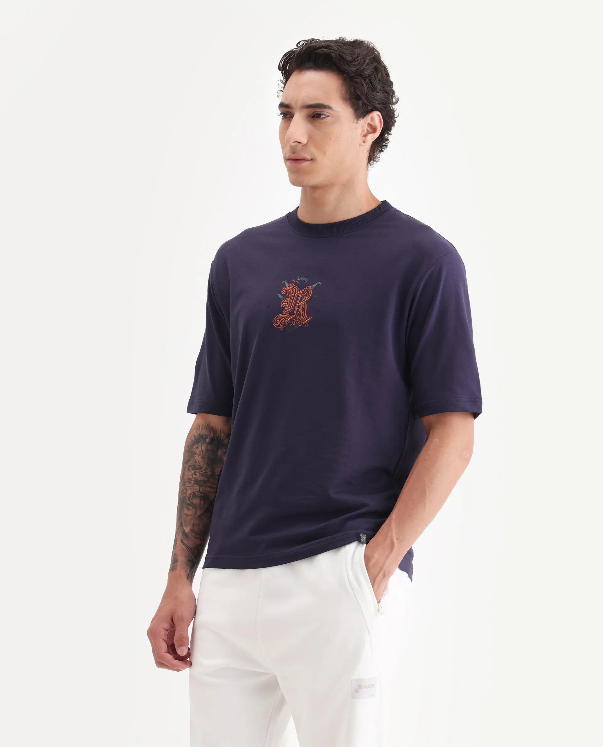 Rare Rabbit Men's Zolar Dark Purple Cotton Graphic Print Relaxed Fit Half Sleeve Crew Neck T-Shirt