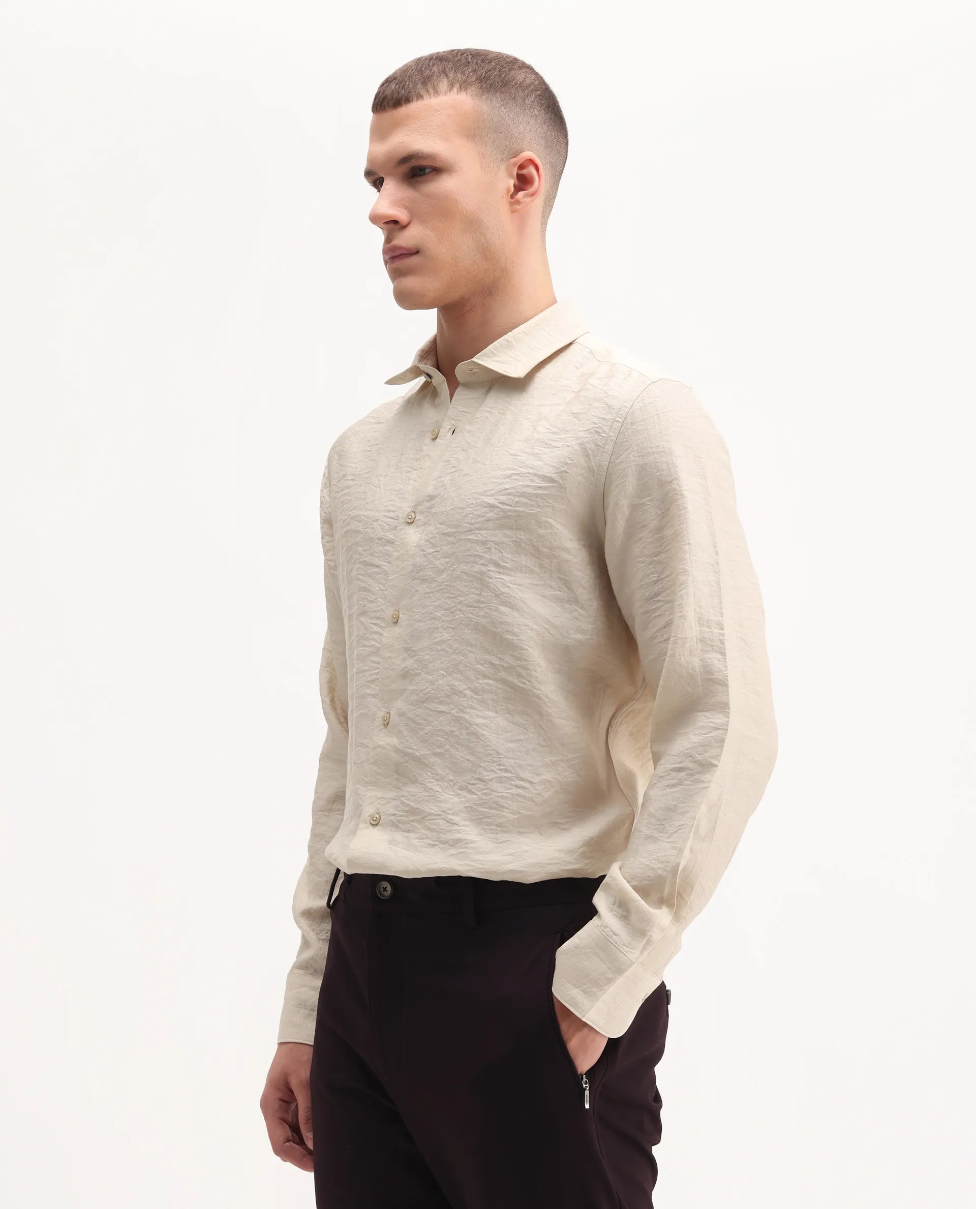 Rare Rabbit Men's Zolot Light Beige Viscose Plain Regular Fit Full Sleeve Collared Shirt