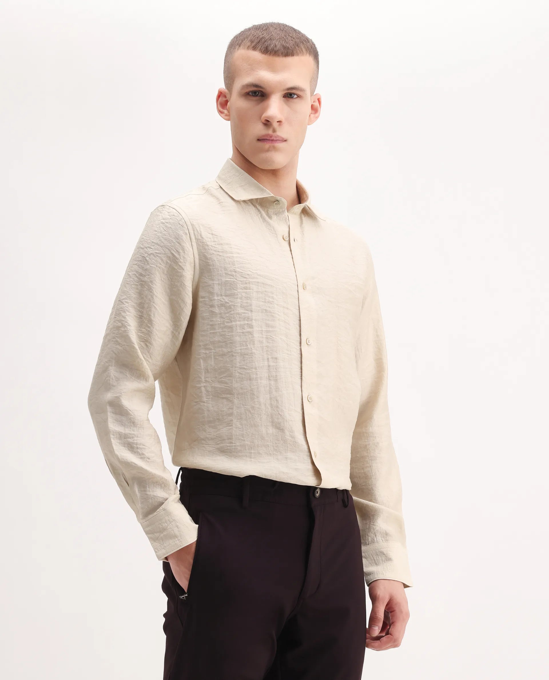 Rare Rabbit Men's Zolot Light Beige Viscose Plain Regular Fit Full Sleeve Collared Shirt