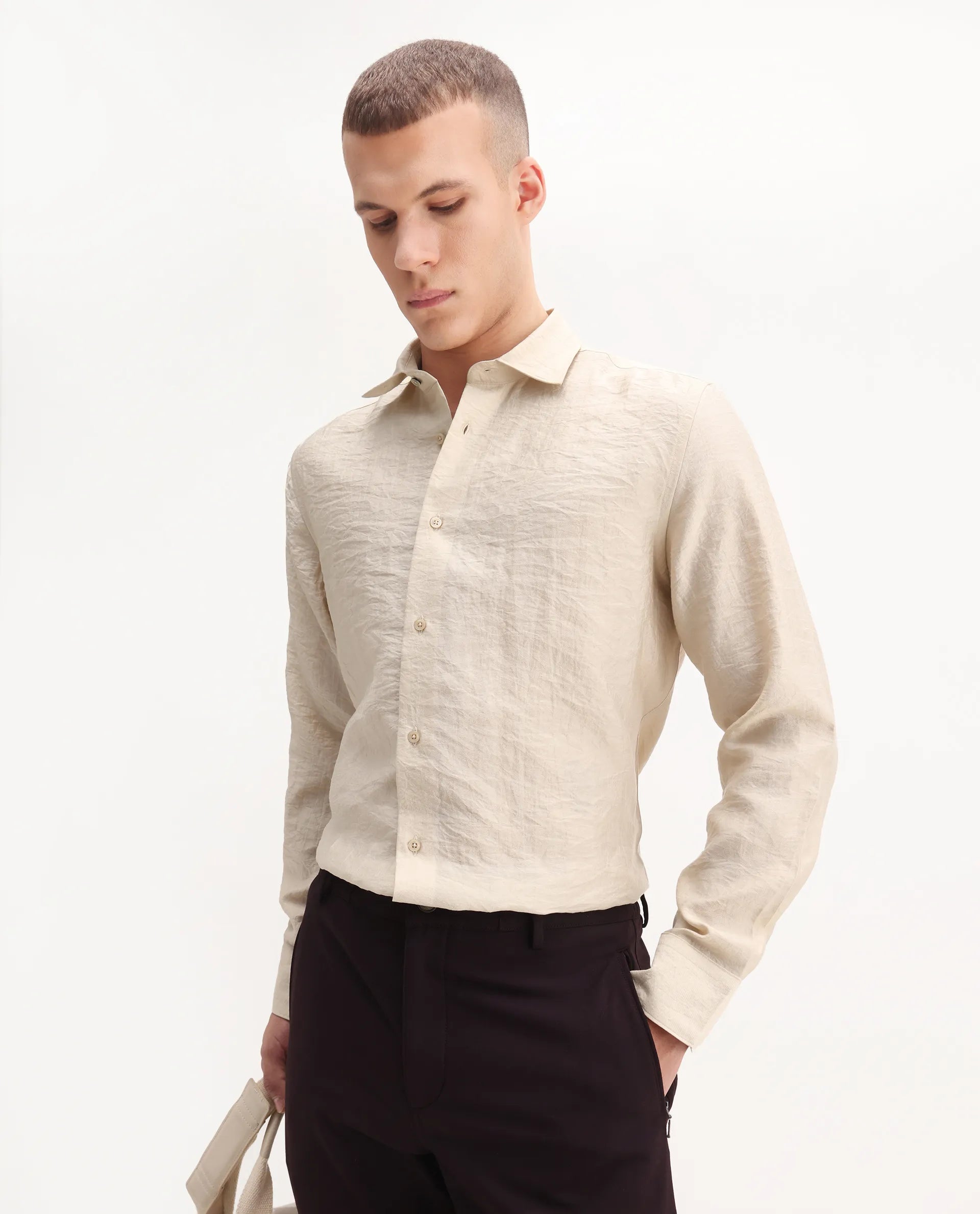 Rare Rabbit Men's Zolot Light Beige Viscose Plain Regular Fit Full Sleeve Collared Shirt