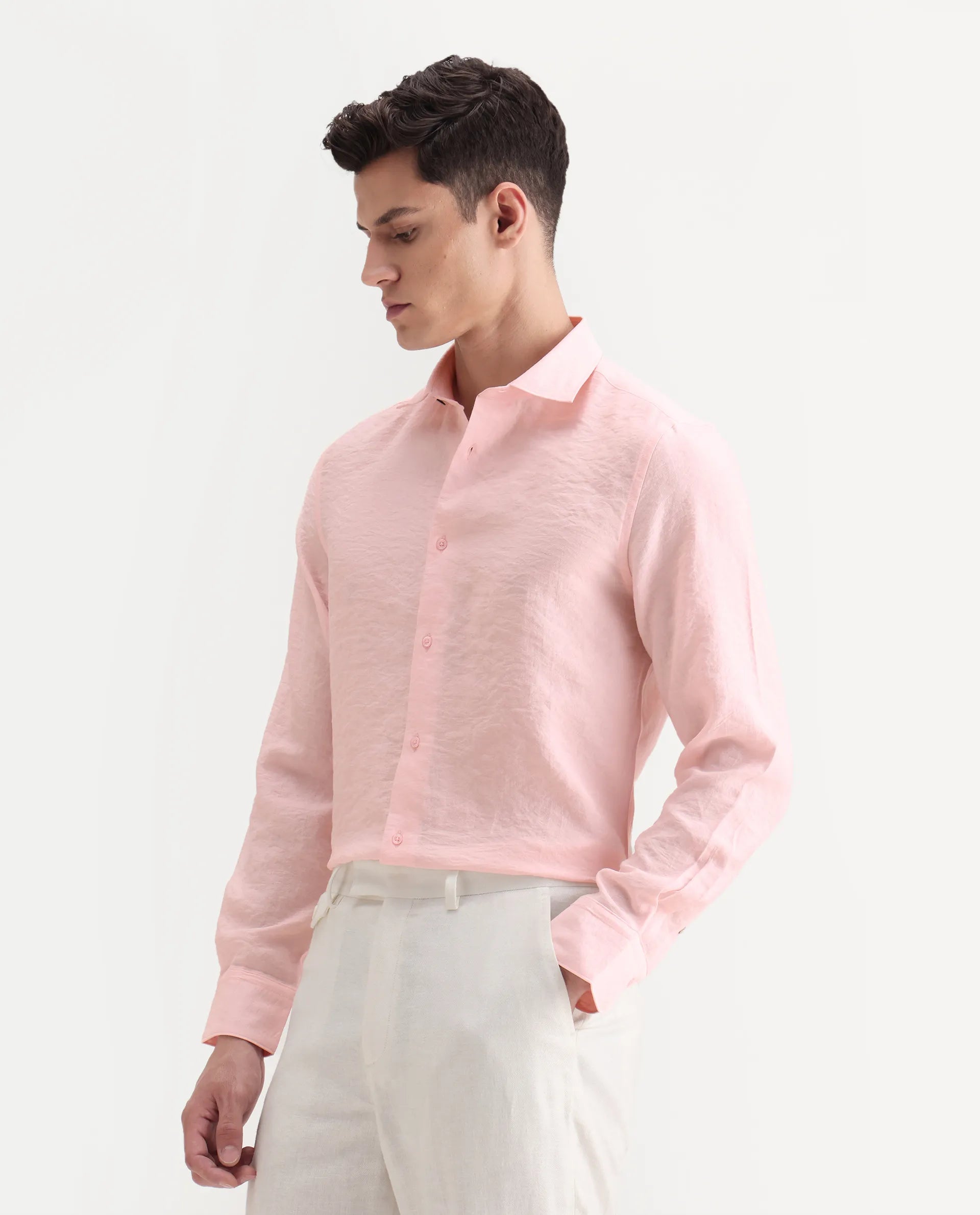 Rare Rabbit Men's Zolot Light Pink Viscose Plain Regular Fit Full Sleeve Collared Shirt