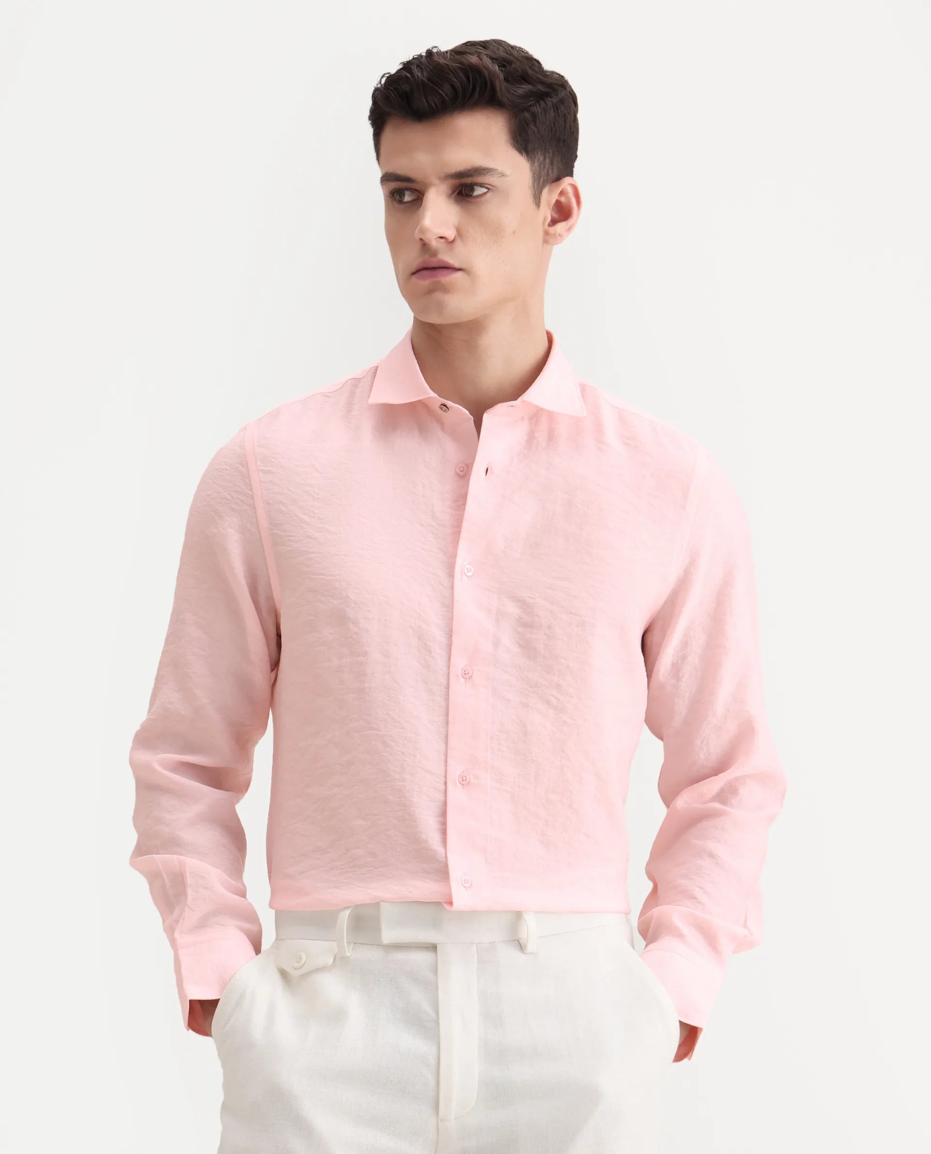 Rare Rabbit Men's Zolot Light Pink Viscose Plain Regular Fit Full Sleeve Collared Shirt