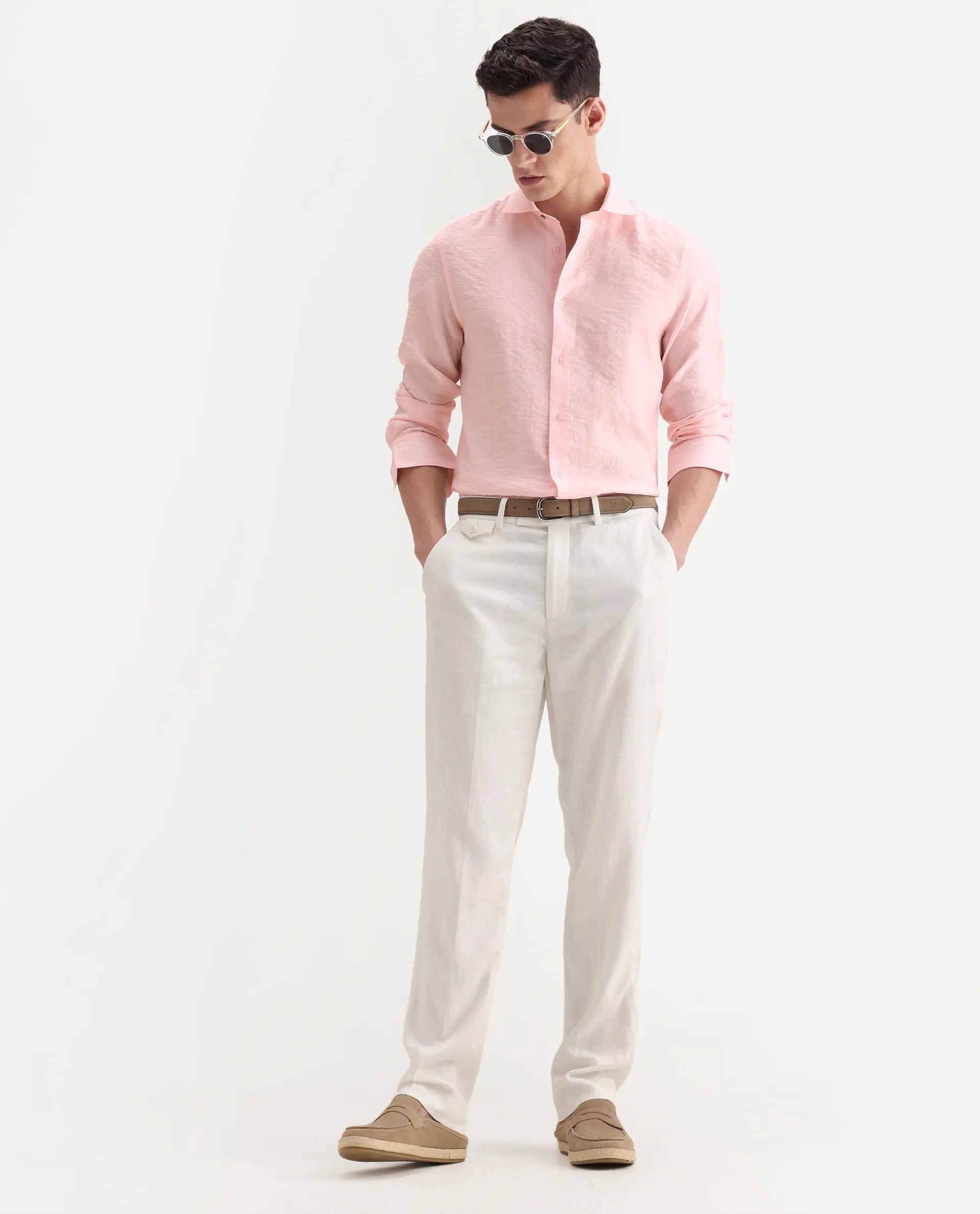 Rare Rabbit Men's Zolot Light Pink Viscose Plain Regular Fit Full Sleeve Collared Shirt