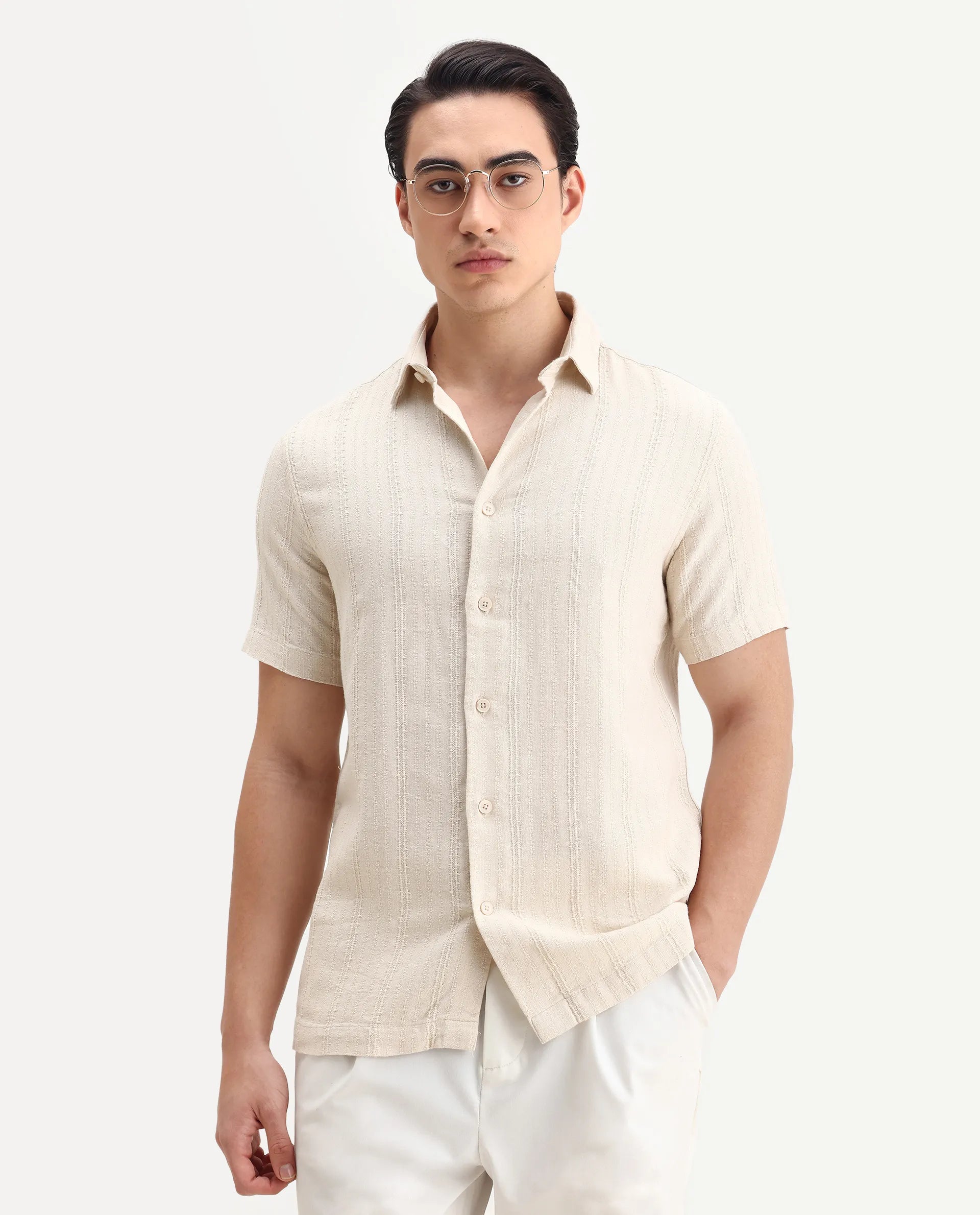 Rare Rabbit Men's Zolt Beige Cotton Fabric Short Sleeve Collared Neck Button Closure Striped Shirt