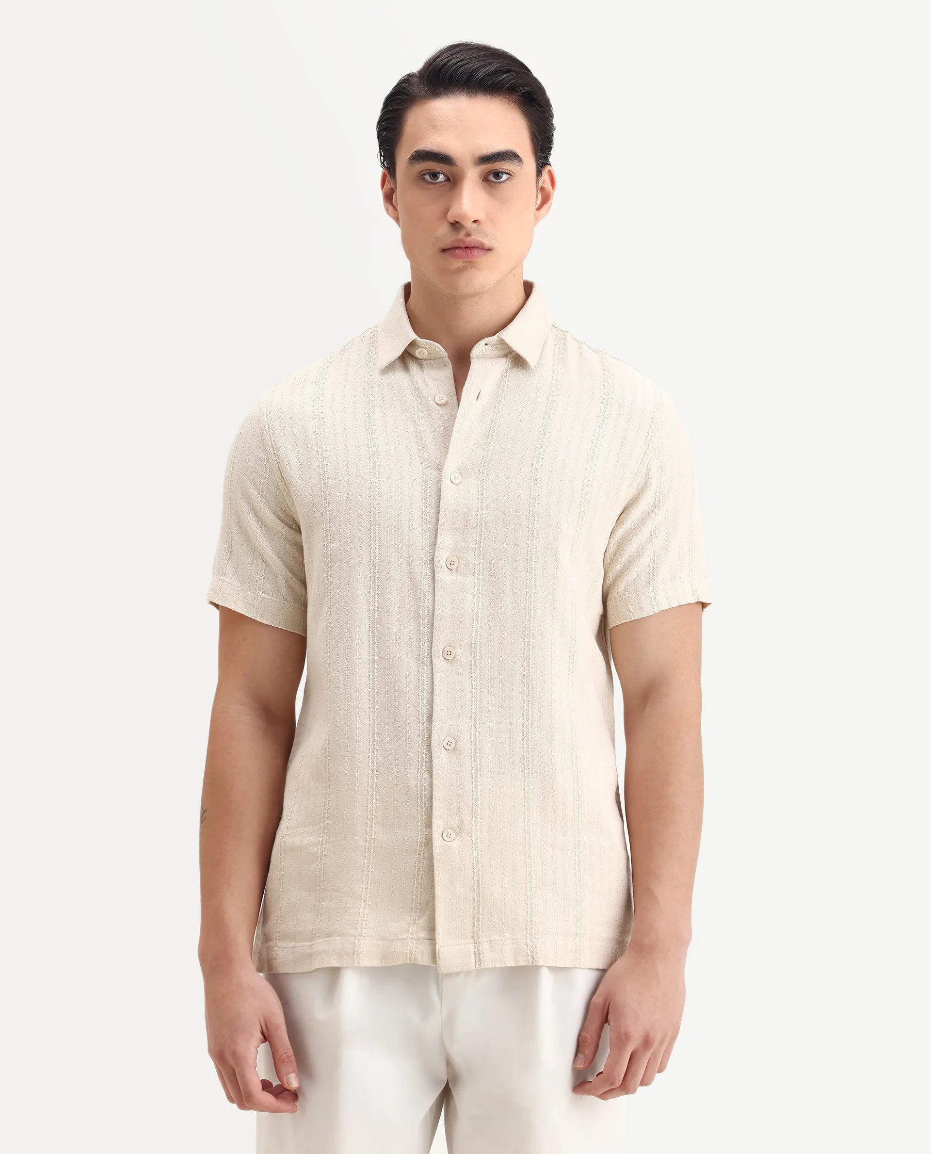 Rare Rabbit Men's Zolt Beige Cotton Fabric Short Sleeve Collared Neck Button Closure Striped Shirt