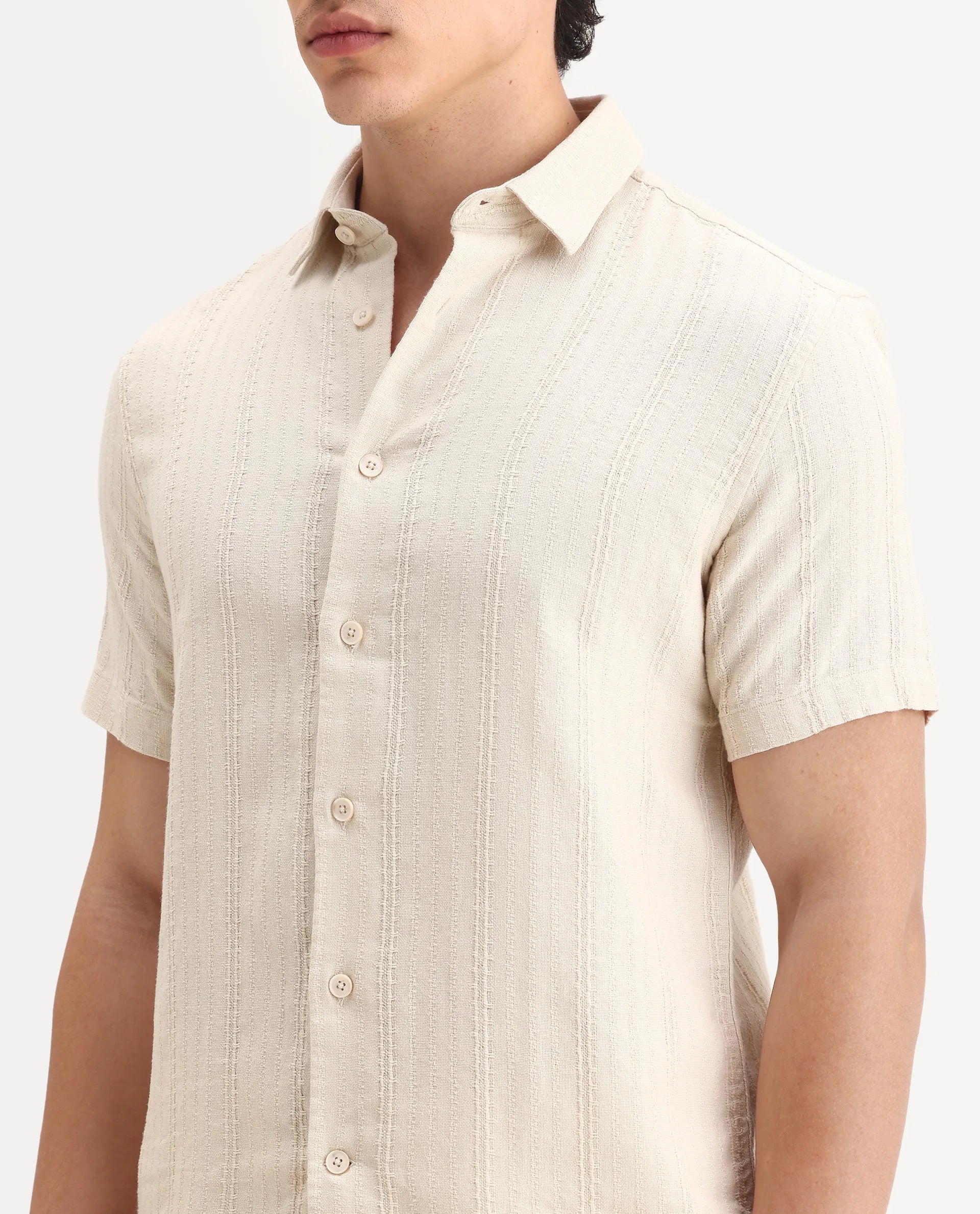 Rare Rabbit Men's Zolt Beige Cotton Fabric Short Sleeve Collared Neck Button Closure Striped Shirt