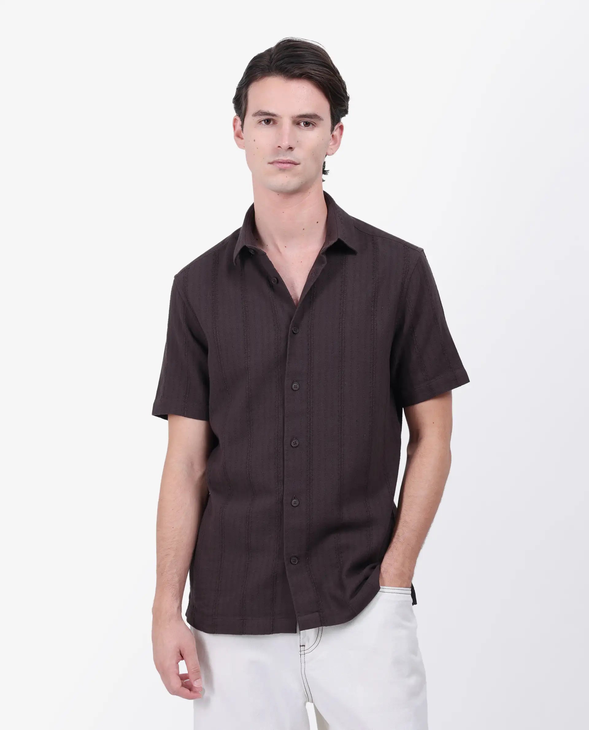 Rare Rabbit Men's Zolt Brown Cotton Striped Print Regular Fit Half Sleeve Collared Shirt