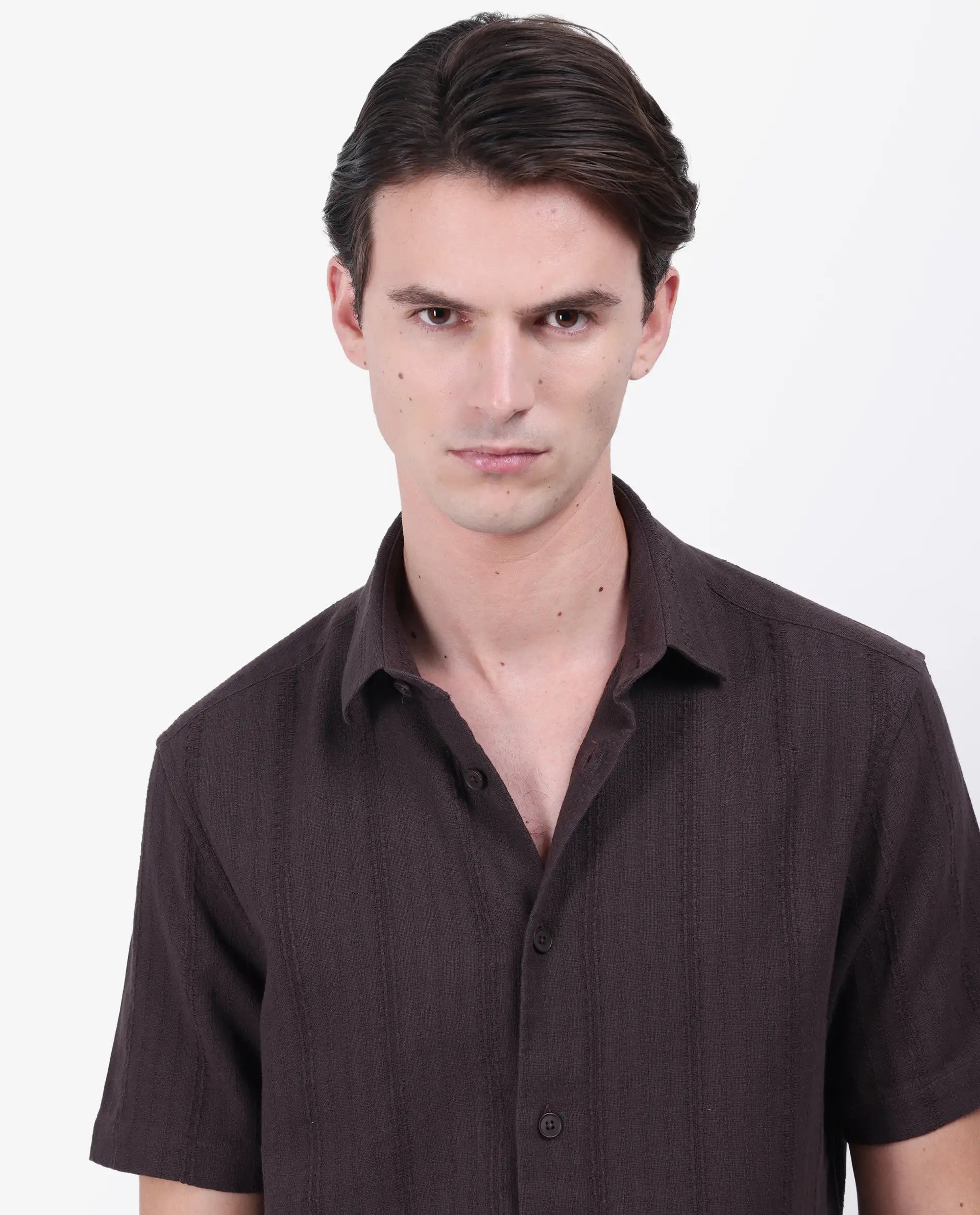 Rare Rabbit Men's Zolt Brown Cotton Striped Print Regular Fit Half Sleeve Collared Shirt