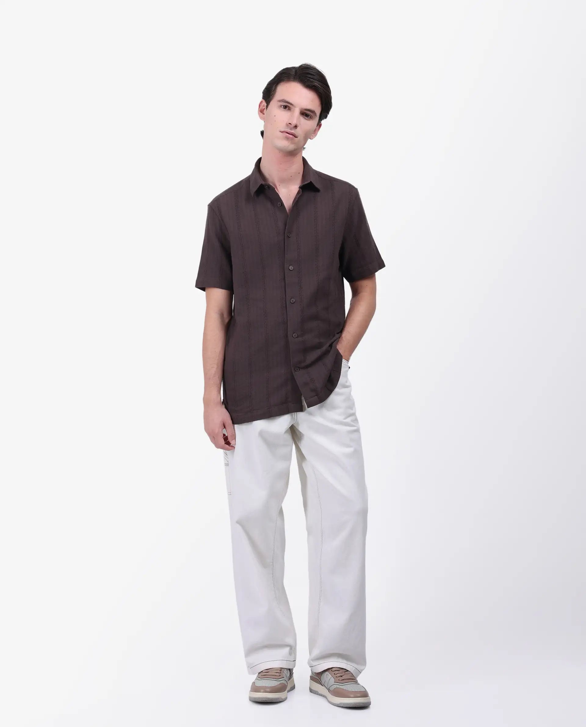 Rare Rabbit Men's Zolt Brown Cotton Striped Print Regular Fit Half Sleeve Collared Shirt