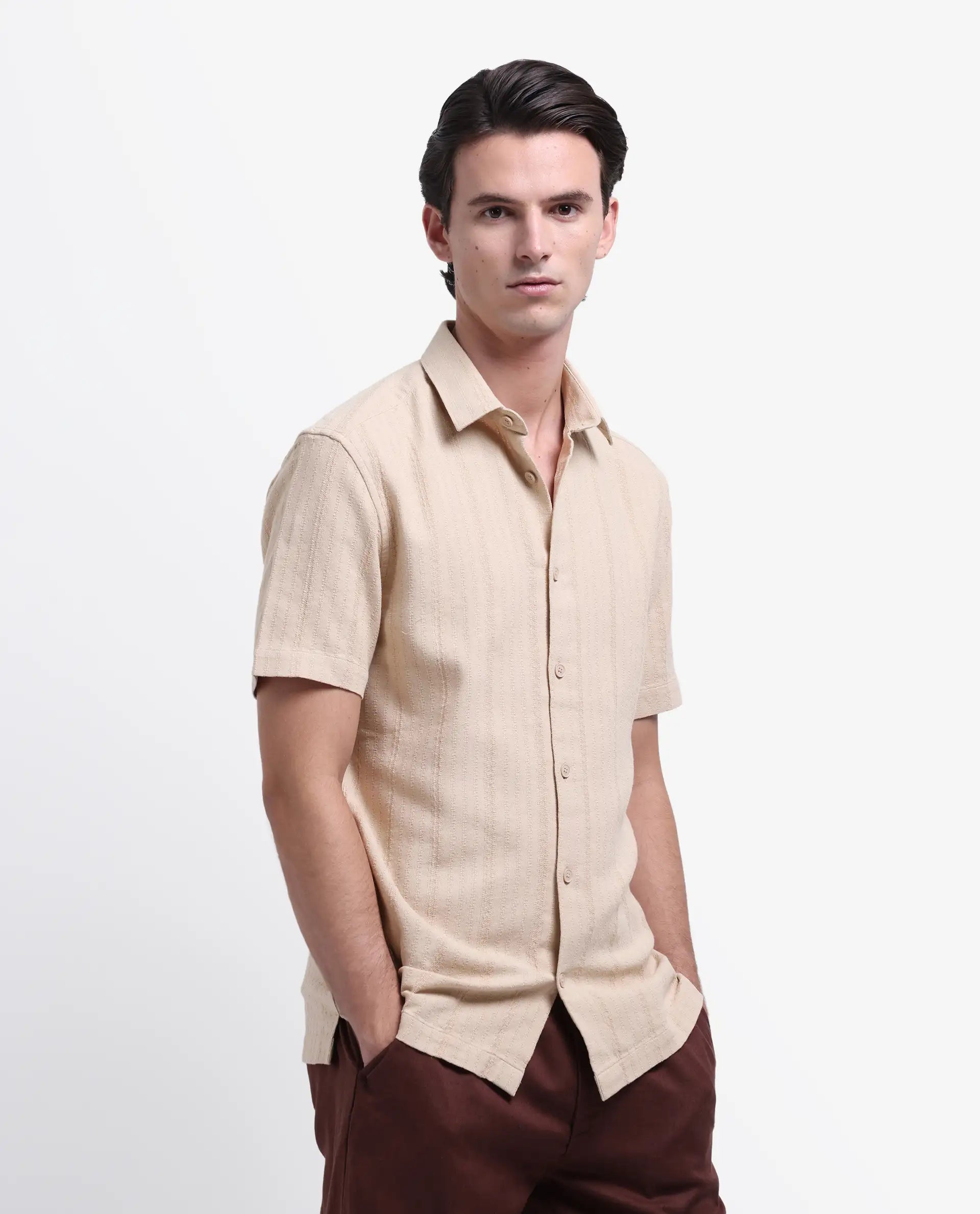 Rare Rabbit Men's Zolt Khaki Cotton Striped Print Regular Fit Half Sleeve Collared Shirt