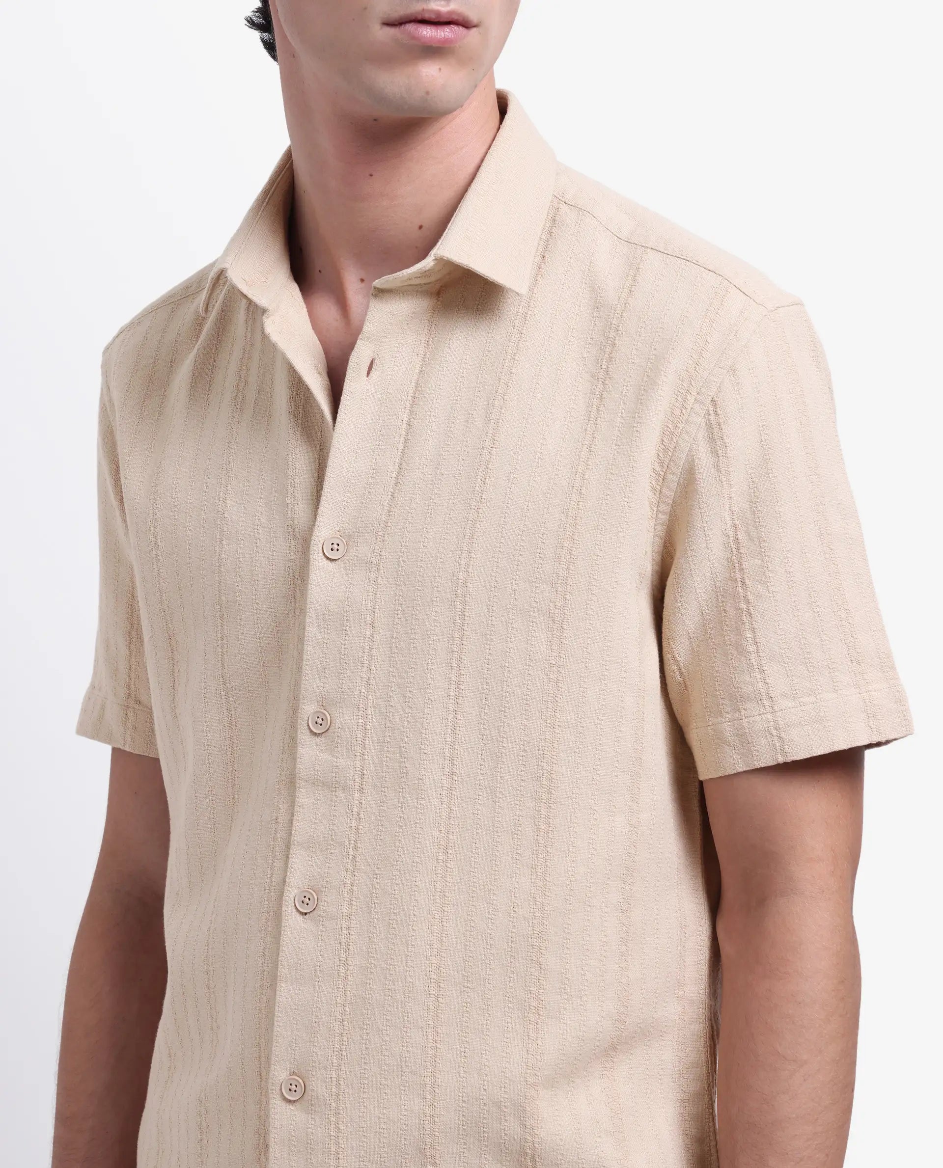 Rare Rabbit Men's Zolt Khaki Cotton Striped Print Regular Fit Half Sleeve Collared Shirt