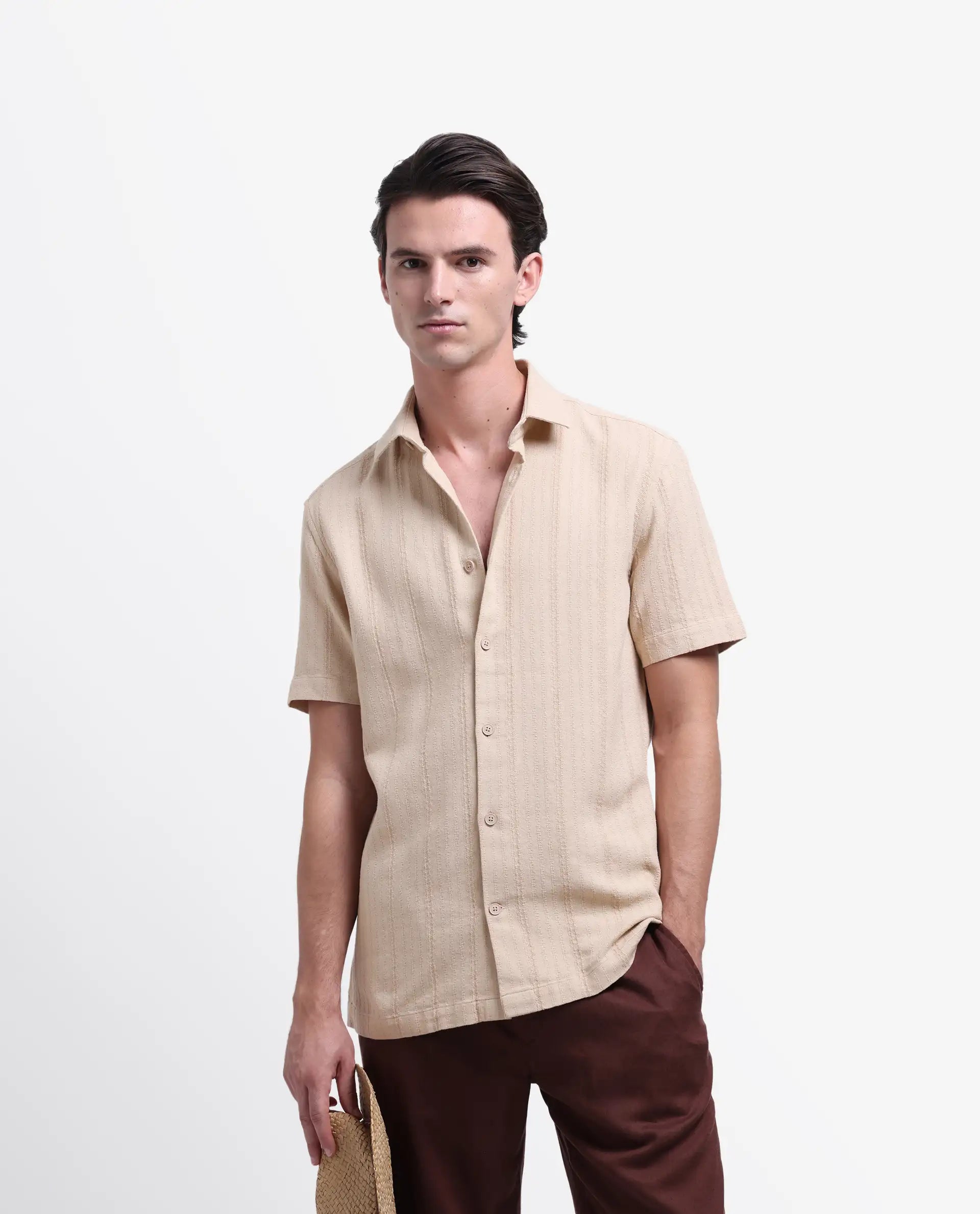 Rare Rabbit Men's Zolt Khaki Cotton Striped Print Regular Fit Half Sleeve Collared Shirt