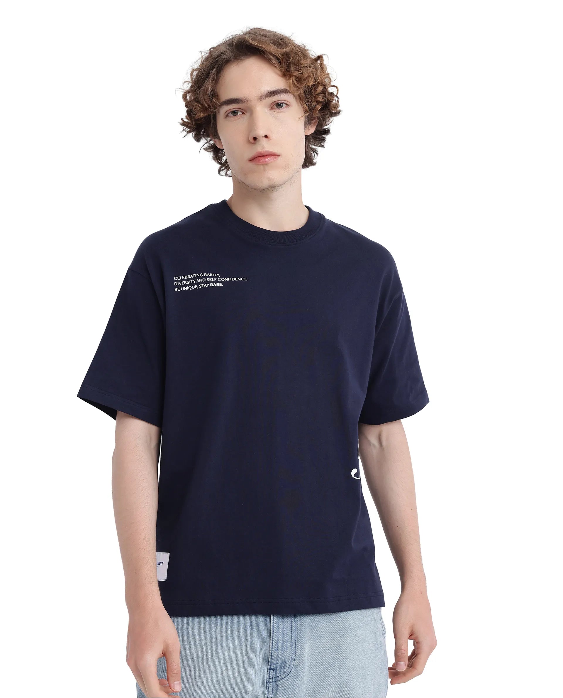 Rare Rabbit Men Zolt Navy Cotton Fabric Short Sleeve Boxy Fit Typography Print T-Shirt