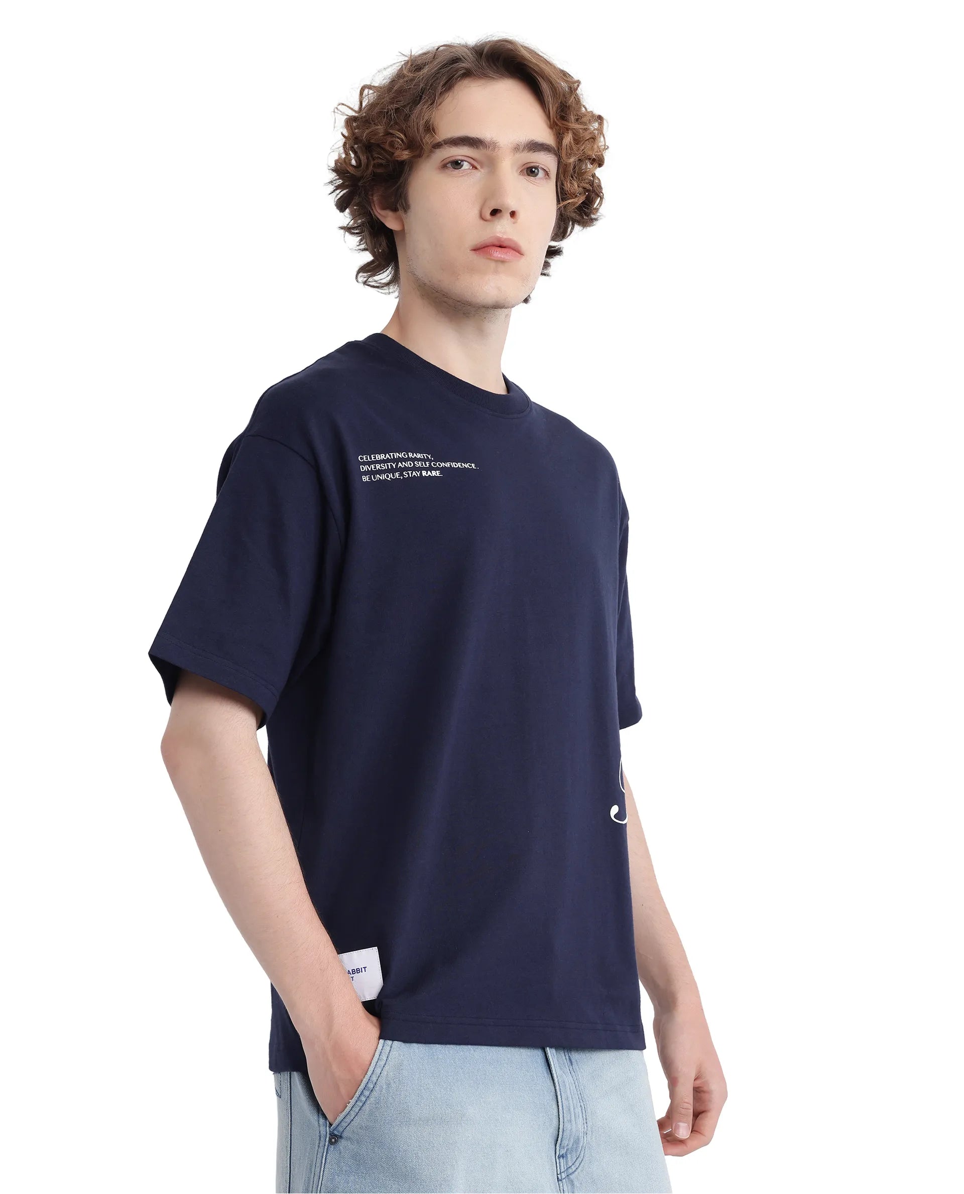 Rare Rabbit Men Zolt Navy Cotton Fabric Short Sleeve Boxy Fit Typography Print T-Shirt