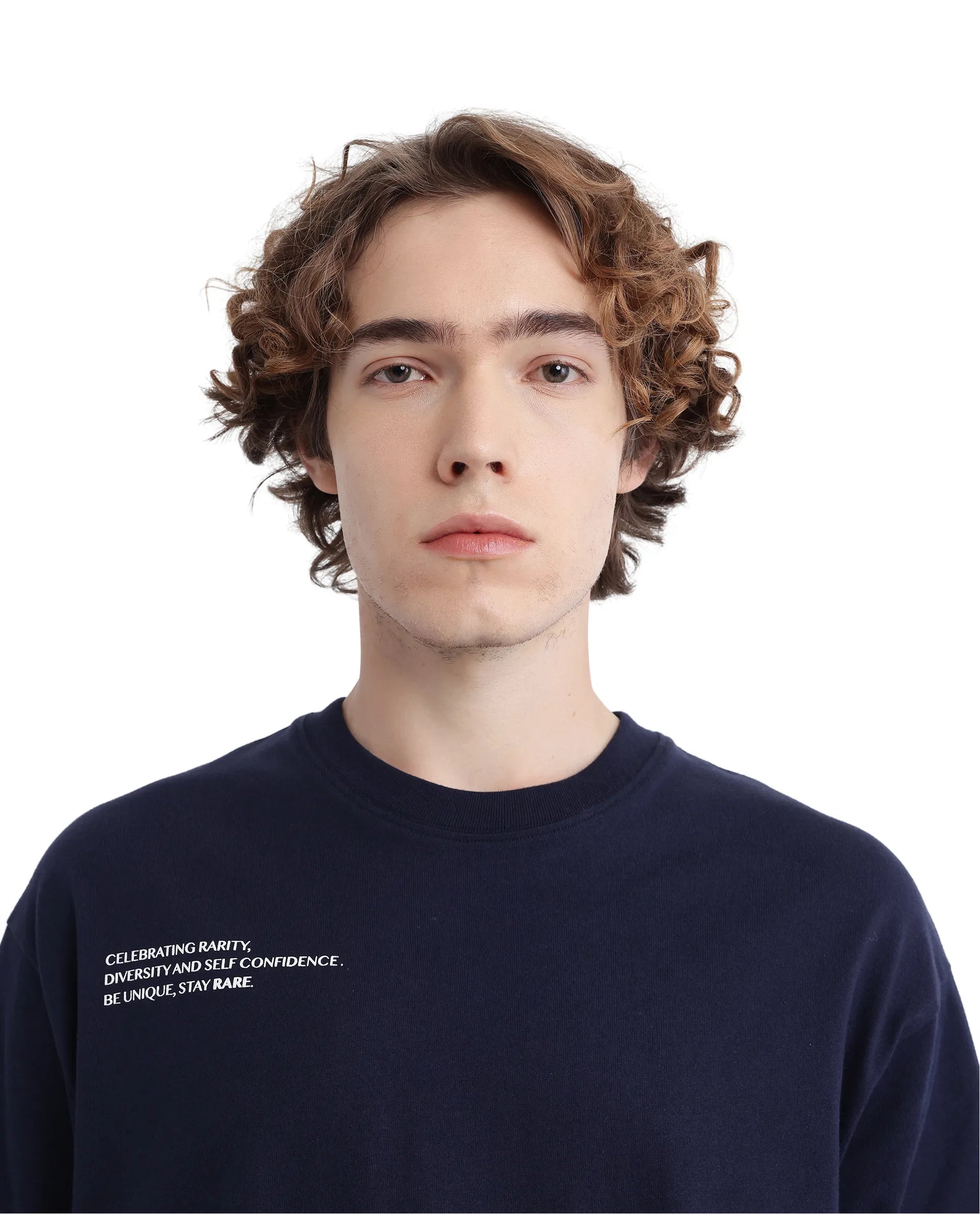 Rare Rabbit Men Zolt Navy Cotton Fabric Short Sleeve Boxy Fit Typography Print T-Shirt