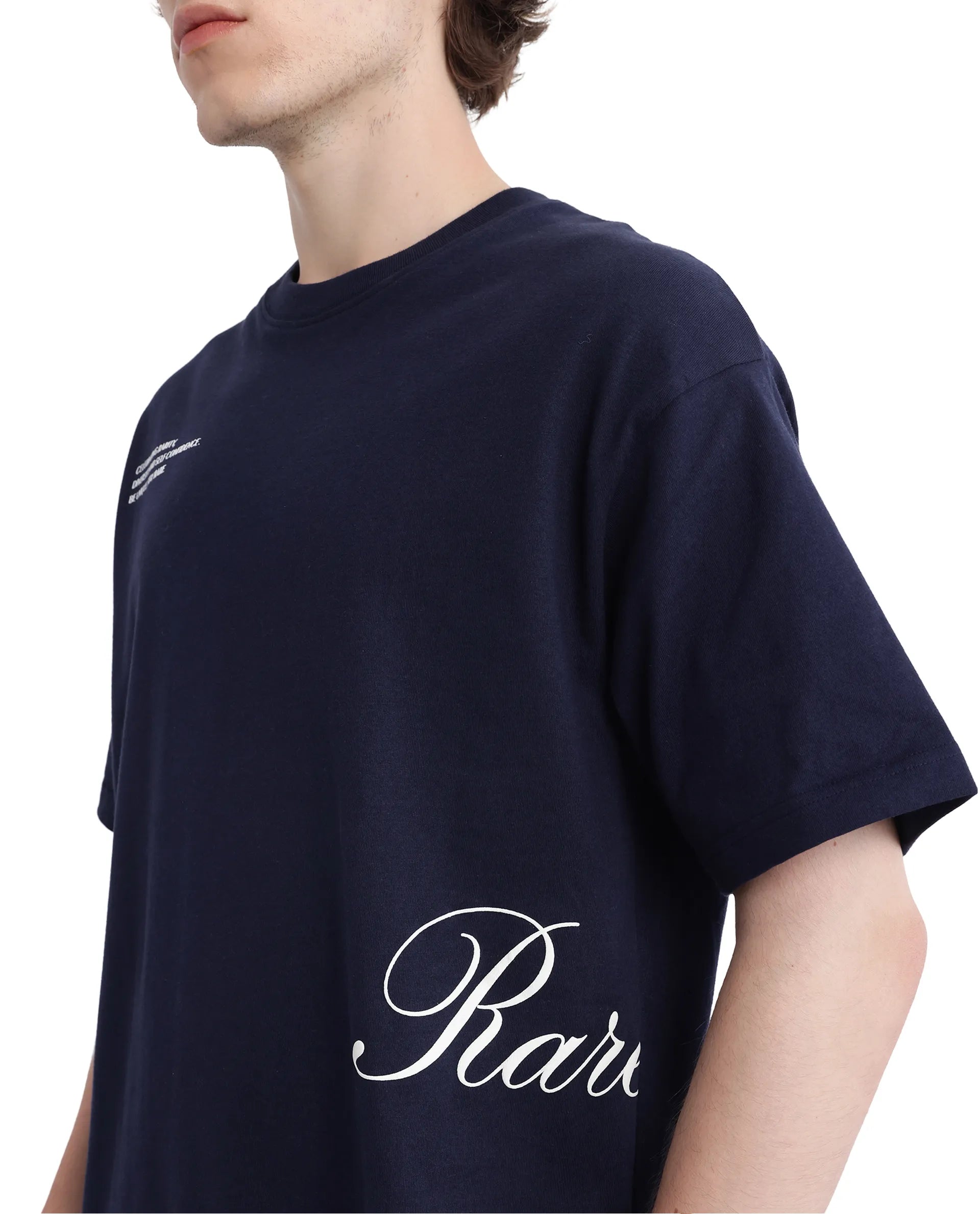 Rare Rabbit Men Zolt Navy Cotton Fabric Short Sleeve Boxy Fit Typography Print T-Shirt