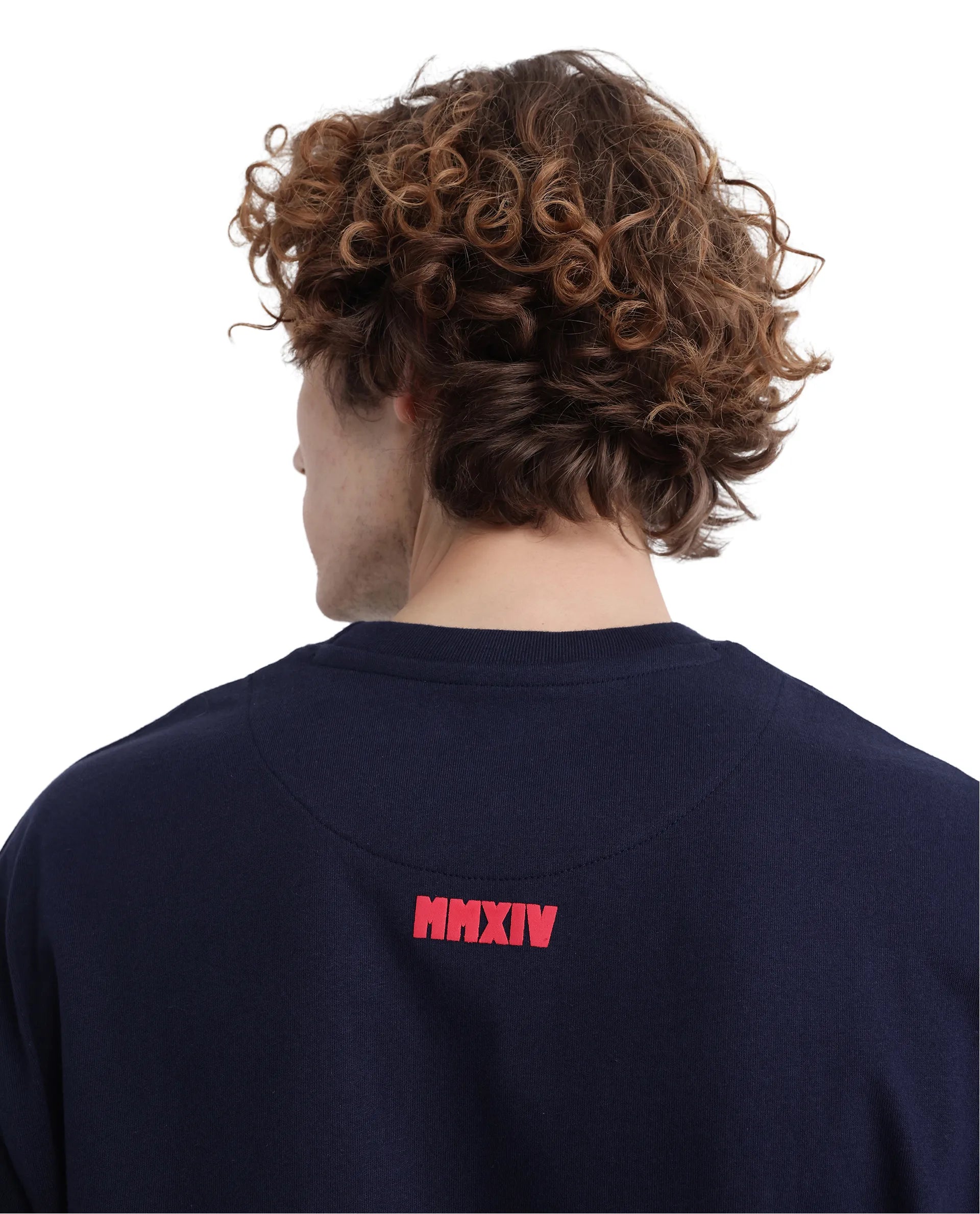 Rare Rabbit Men Zolt Navy Cotton Fabric Short Sleeve Boxy Fit Typography Print T-Shirt