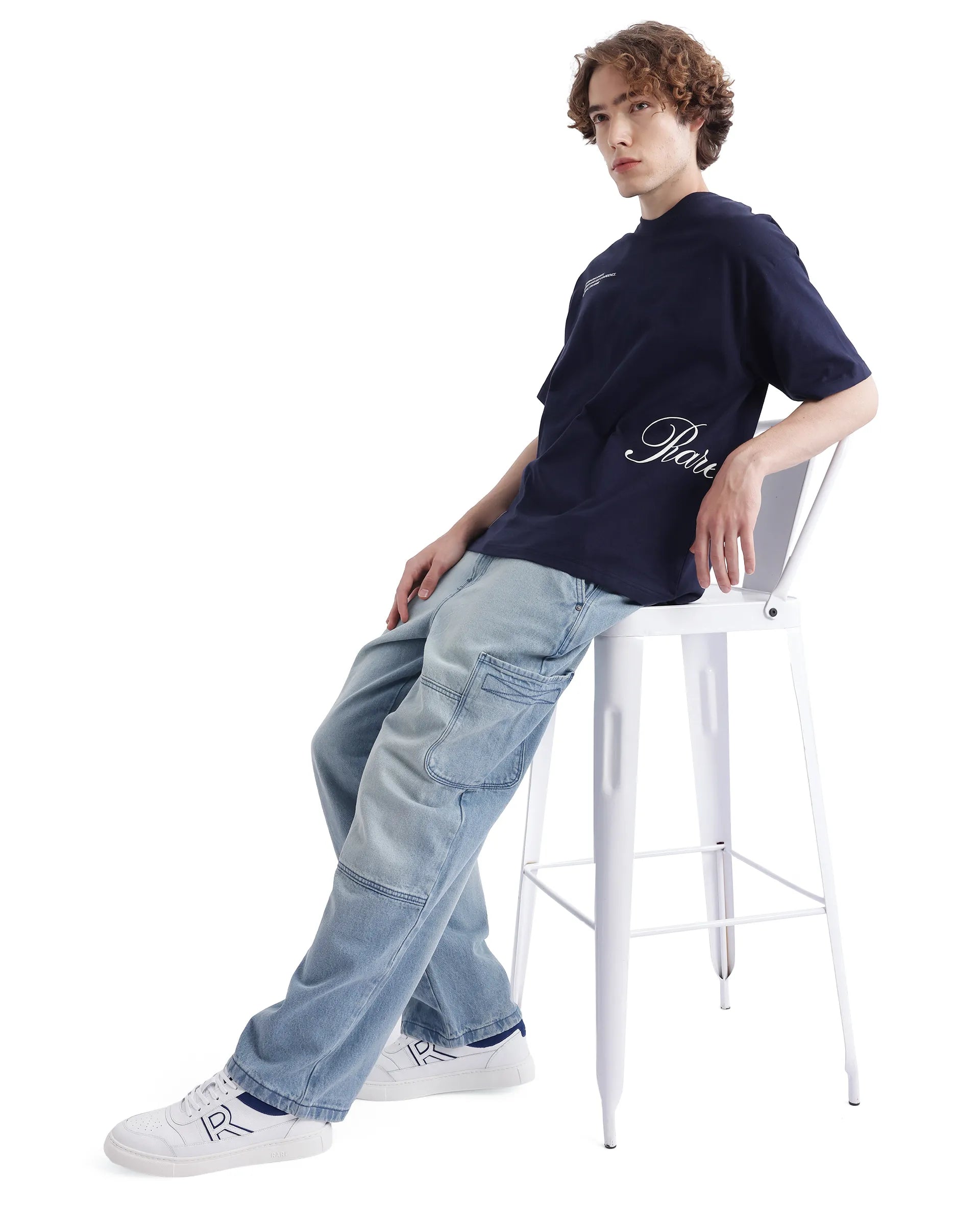 Rare Rabbit Men Zolt Navy Cotton Fabric Short Sleeve Boxy Fit Typography Print T-Shirt