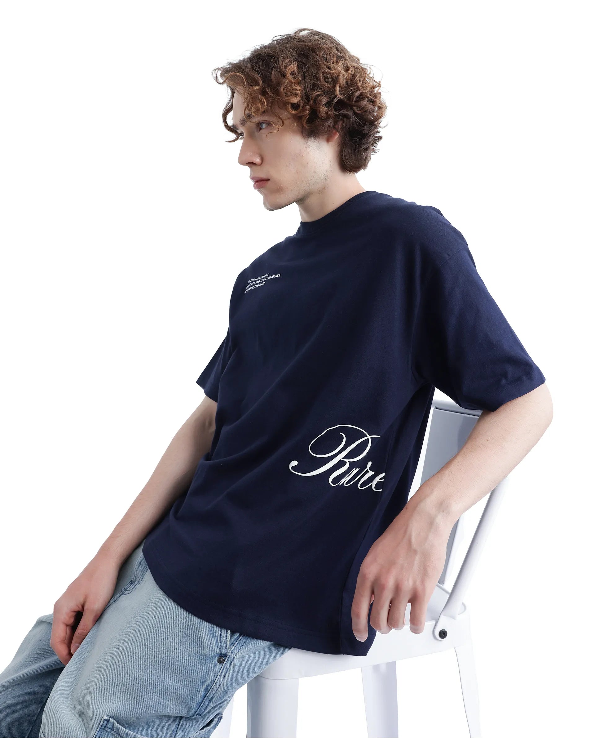 Rare Rabbit Men Zolt Navy Cotton Fabric Short Sleeve Boxy Fit Typography Print T-Shirt