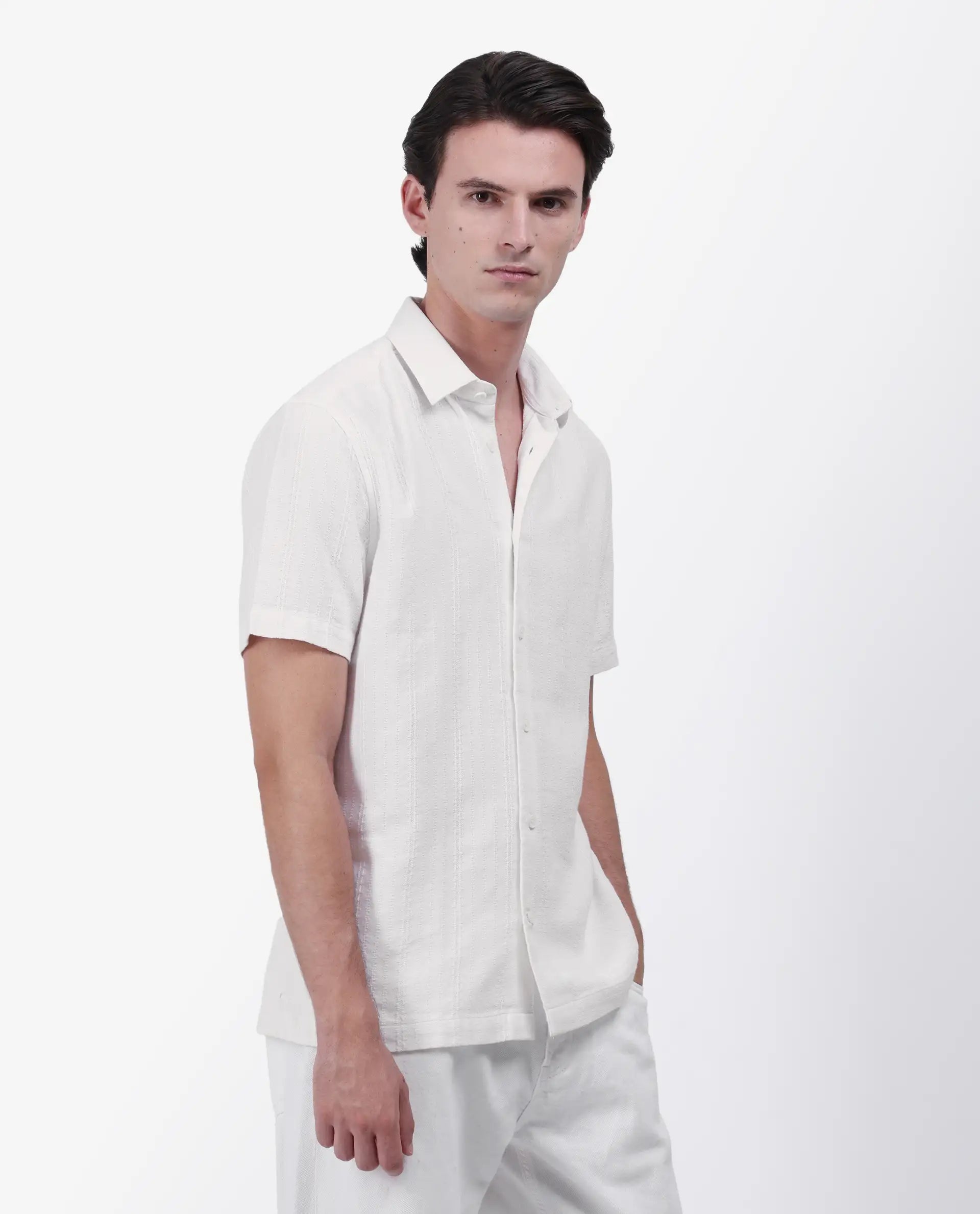 Rare Rabbit Men's Zolt White Cotton Striped Print Regular Fit Half Sleeve Collared Shirt