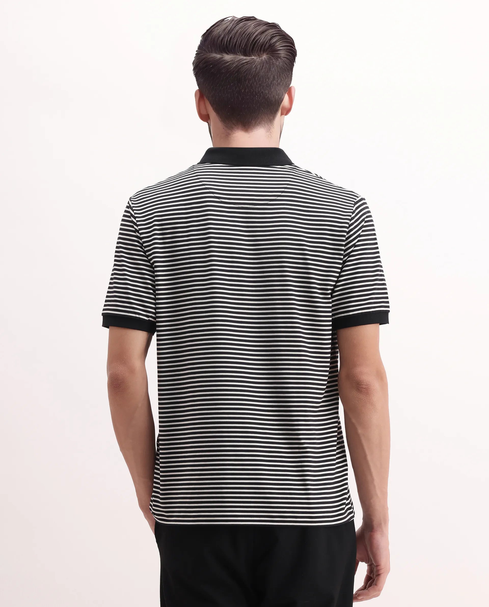 Rare Rabbit Men's Zop Navy Cotton Blend Striped Print Regular Fit Half Sleeve Polo