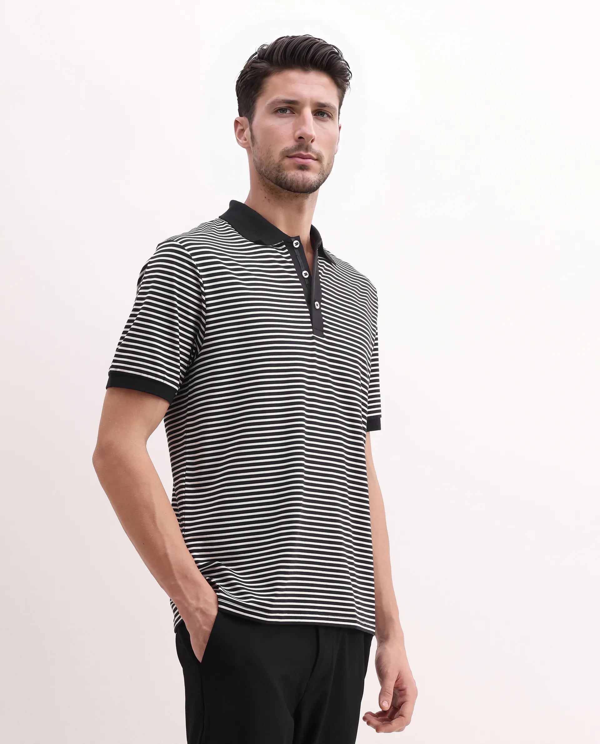 Rare Rabbit Men's Zop Navy Cotton Blend Striped Print Regular Fit Half Sleeve Polo