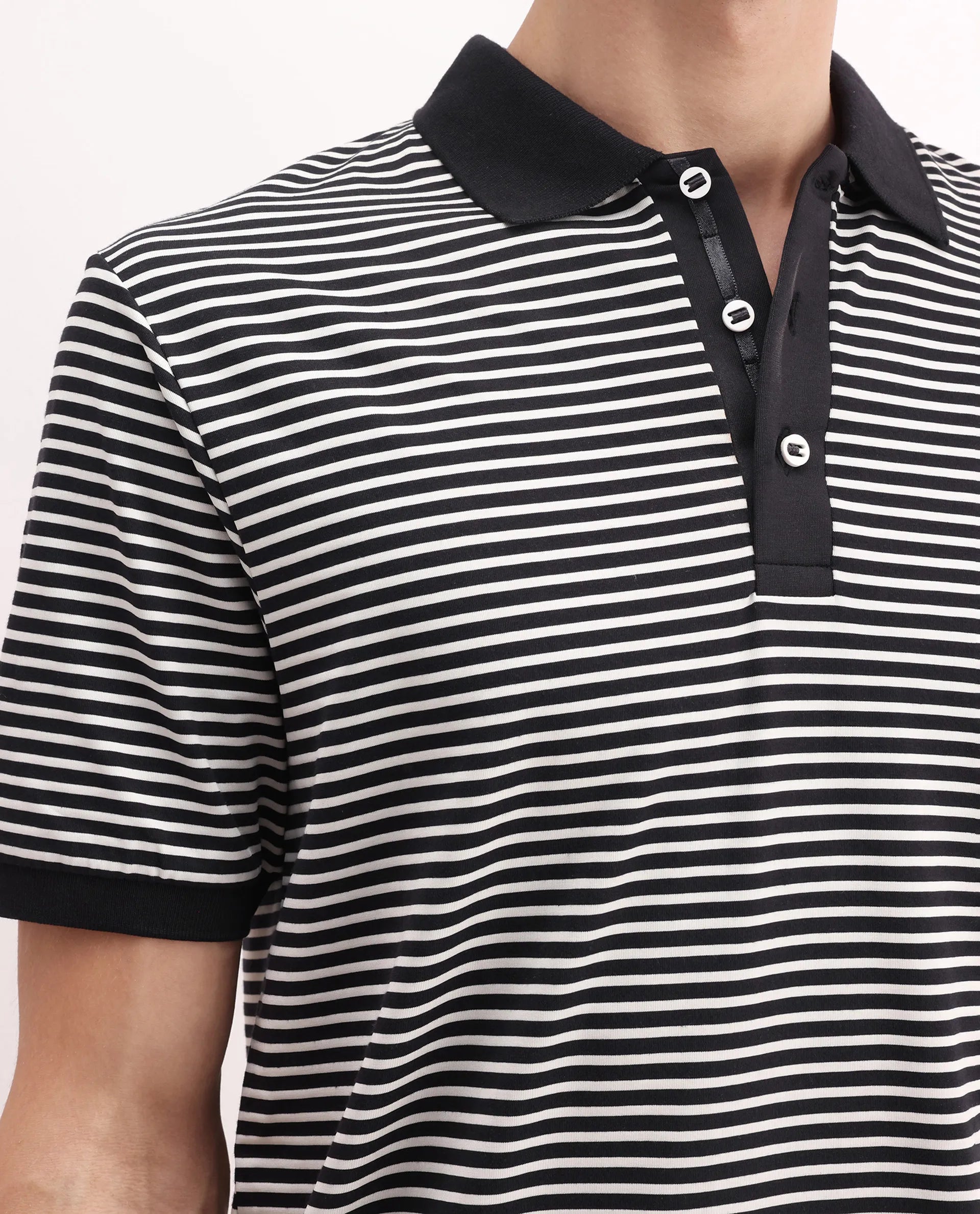 Rare Rabbit Men's Zop Navy Cotton Blend Striped Print Regular Fit Half Sleeve Polo