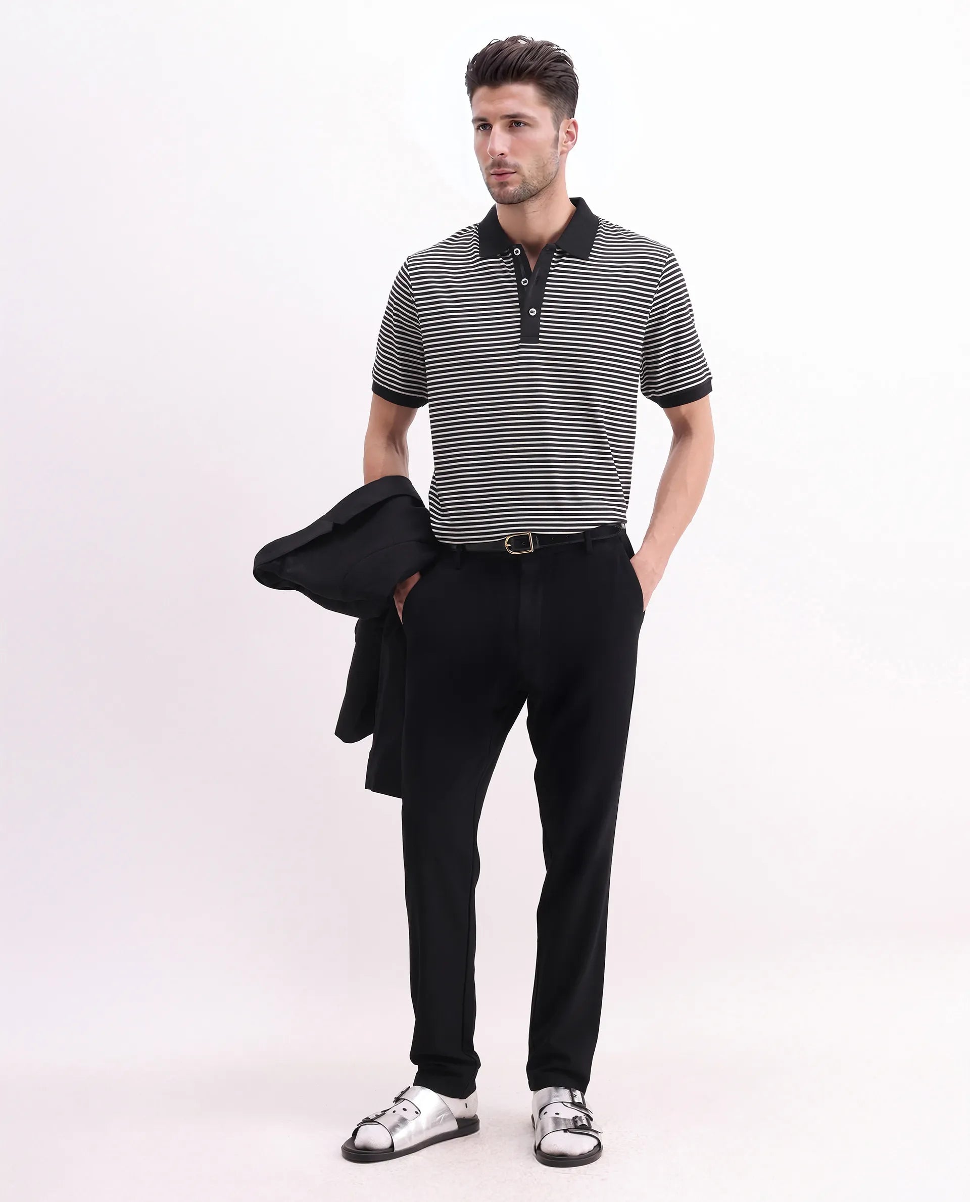 Rare Rabbit Men's Zop Navy Cotton Blend Striped Print Regular Fit Half Sleeve Polo