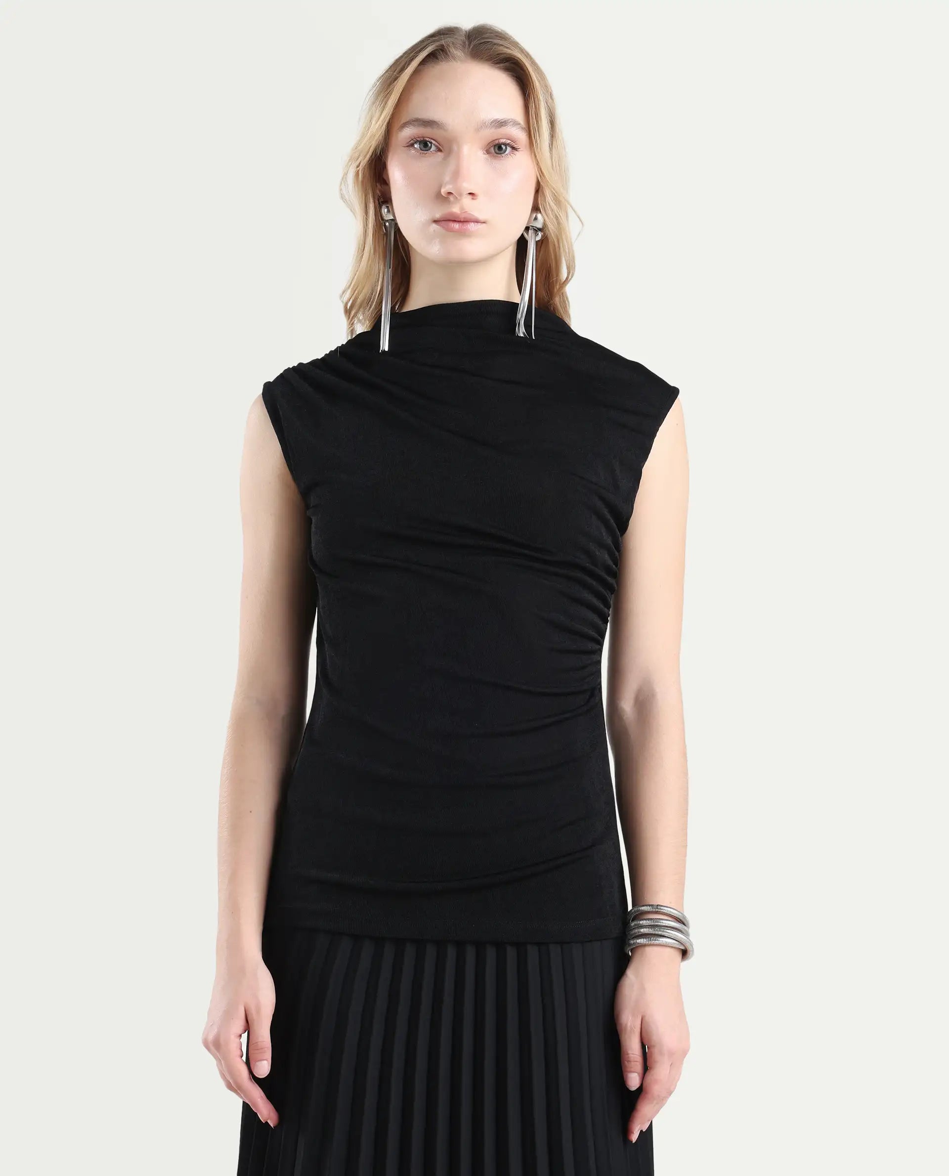 Rareism Women's Zoptus Black Polyester Blend High Neck Regular Fit Plain Top