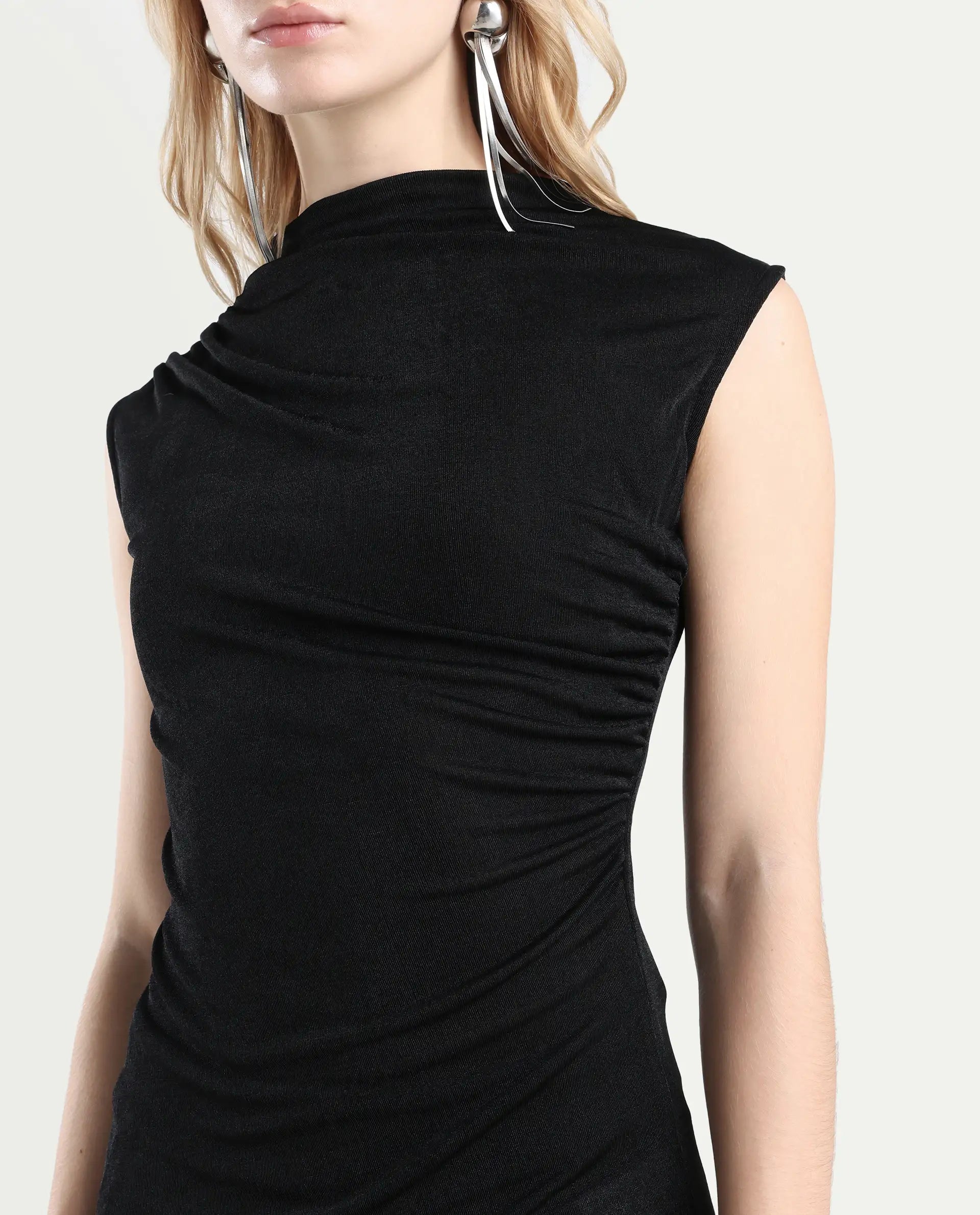 Rareism Women's Zoptus Black Polyester Blend High Neck Regular Fit Plain Top