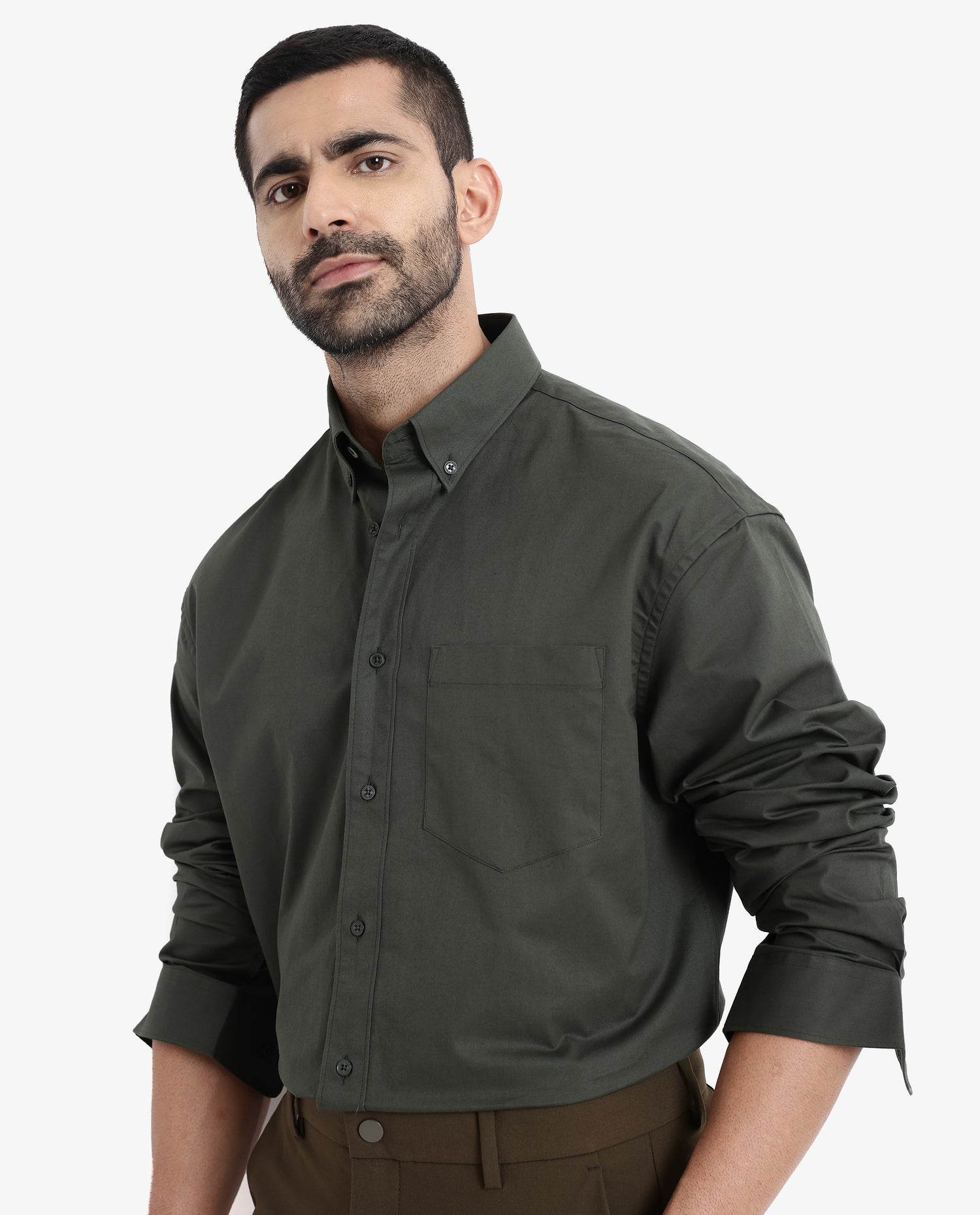 Rare Rabbit Men's Zord Dark Olive Cotton Lycra Fabric Full Sleeves Button Down Collar Boxy Fit Plain Shirt