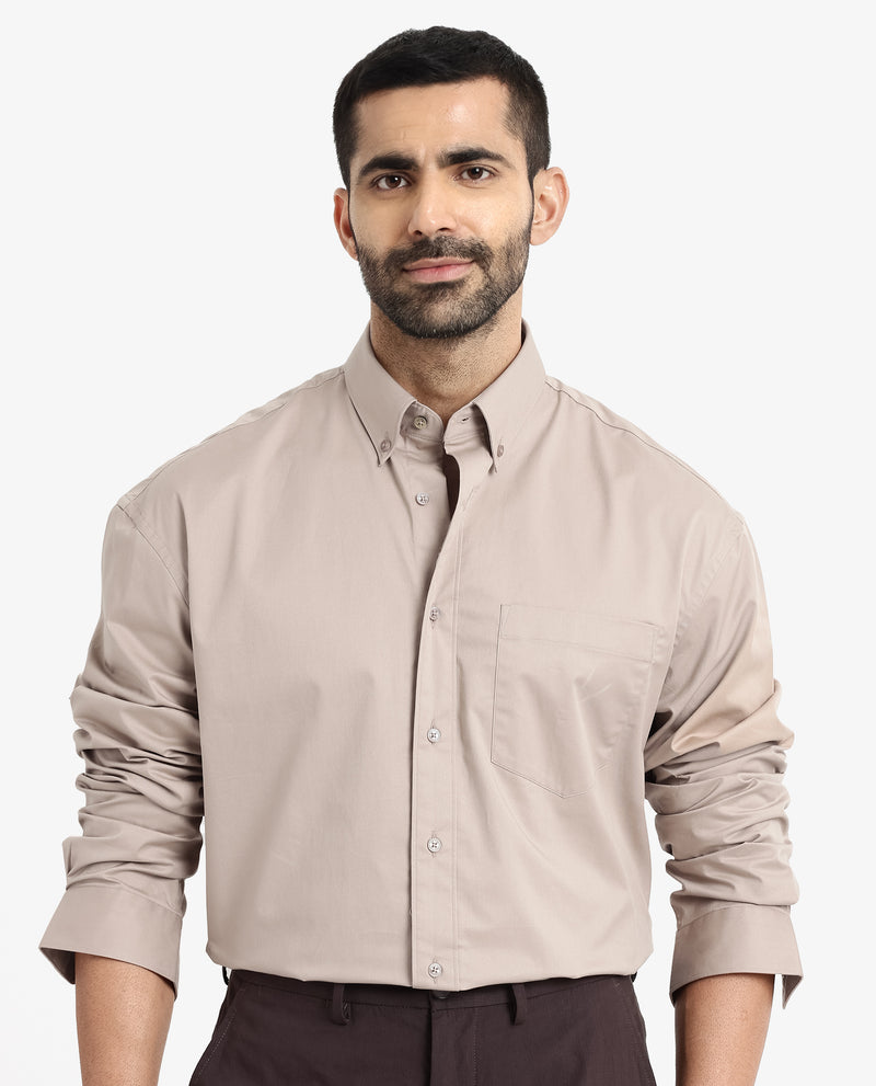 Rare Rabbit Men's Zord Light Beige Cotton Lycra Fabric Full Sleeves Button Down Collar Boxy Fit Plain Shirt
