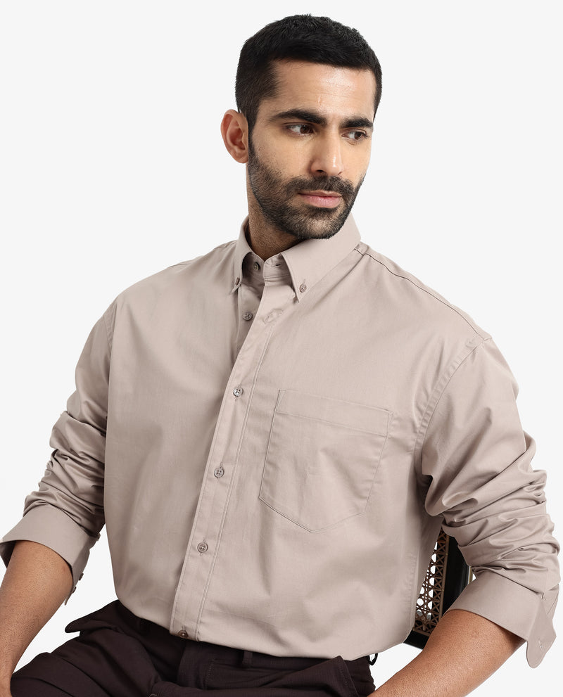 Rare Rabbit Men's Zord Light Beige Cotton Lycra Fabric Full Sleeves Button Down Collar Boxy Fit Plain Shirt